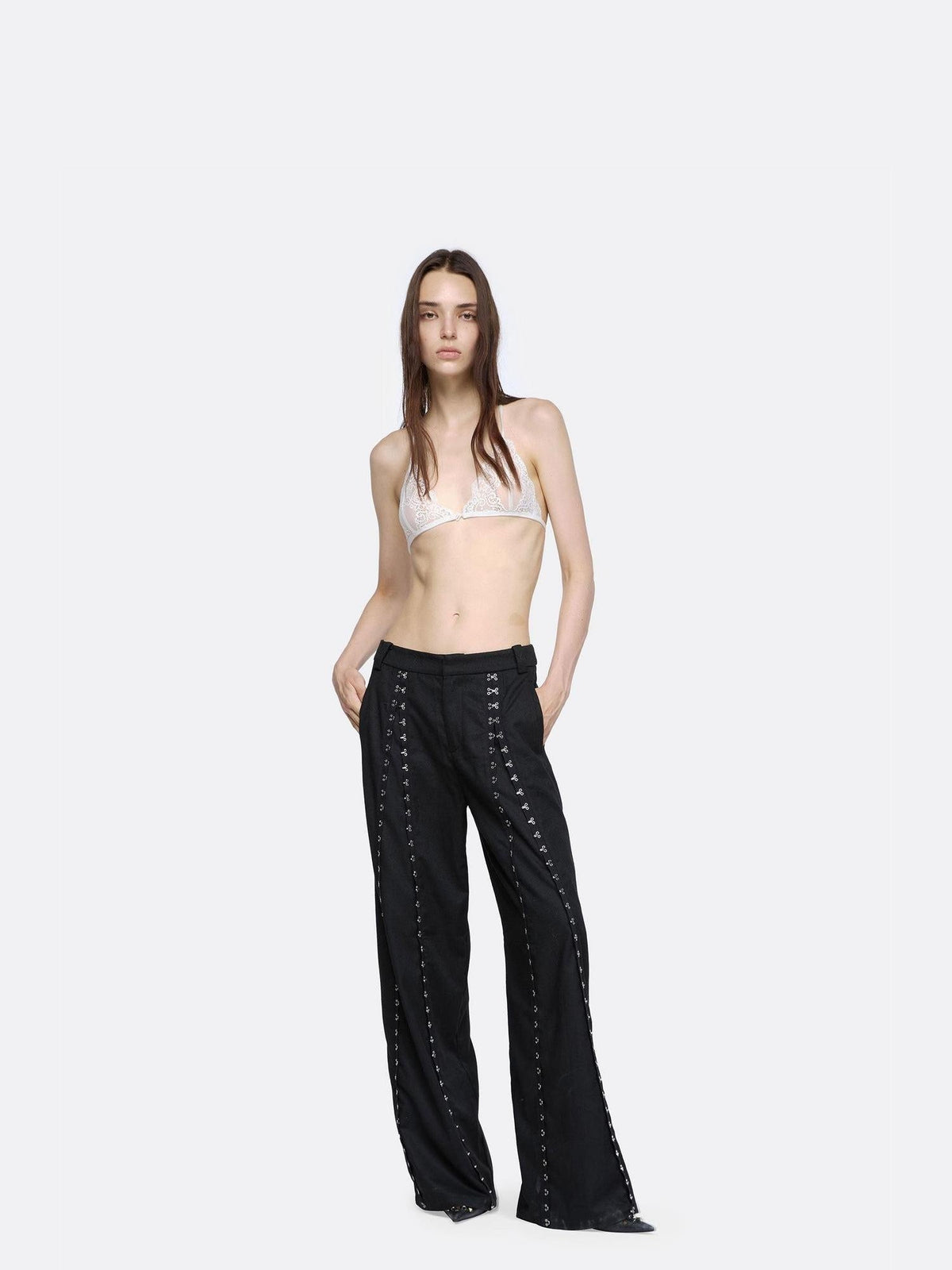 Adjustable Button Fly Black Punk Natural Waist Womens Polyester Wool Blend Pants