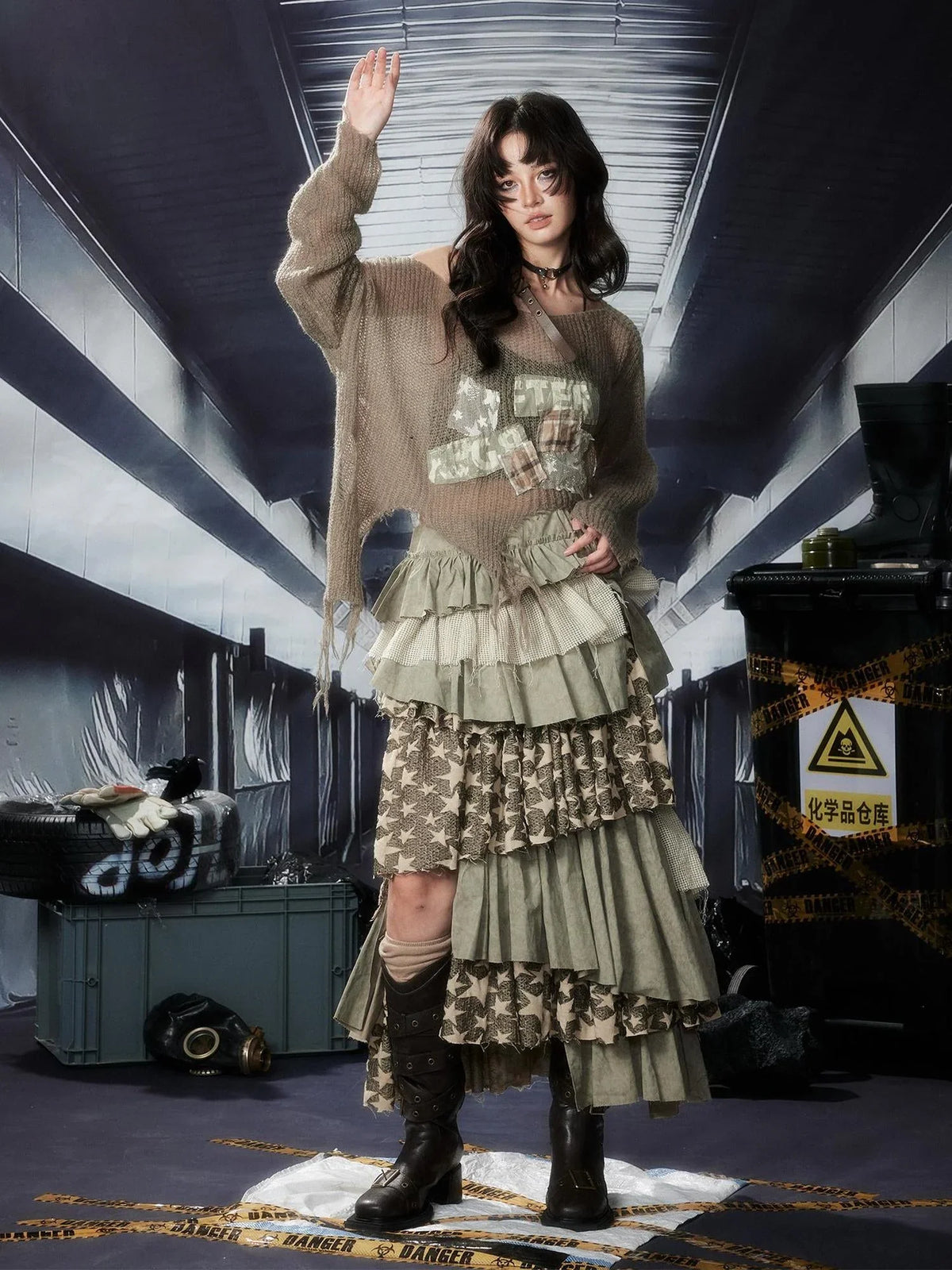 Acid Washed Asymmetrical Tiered Maxi Skirt