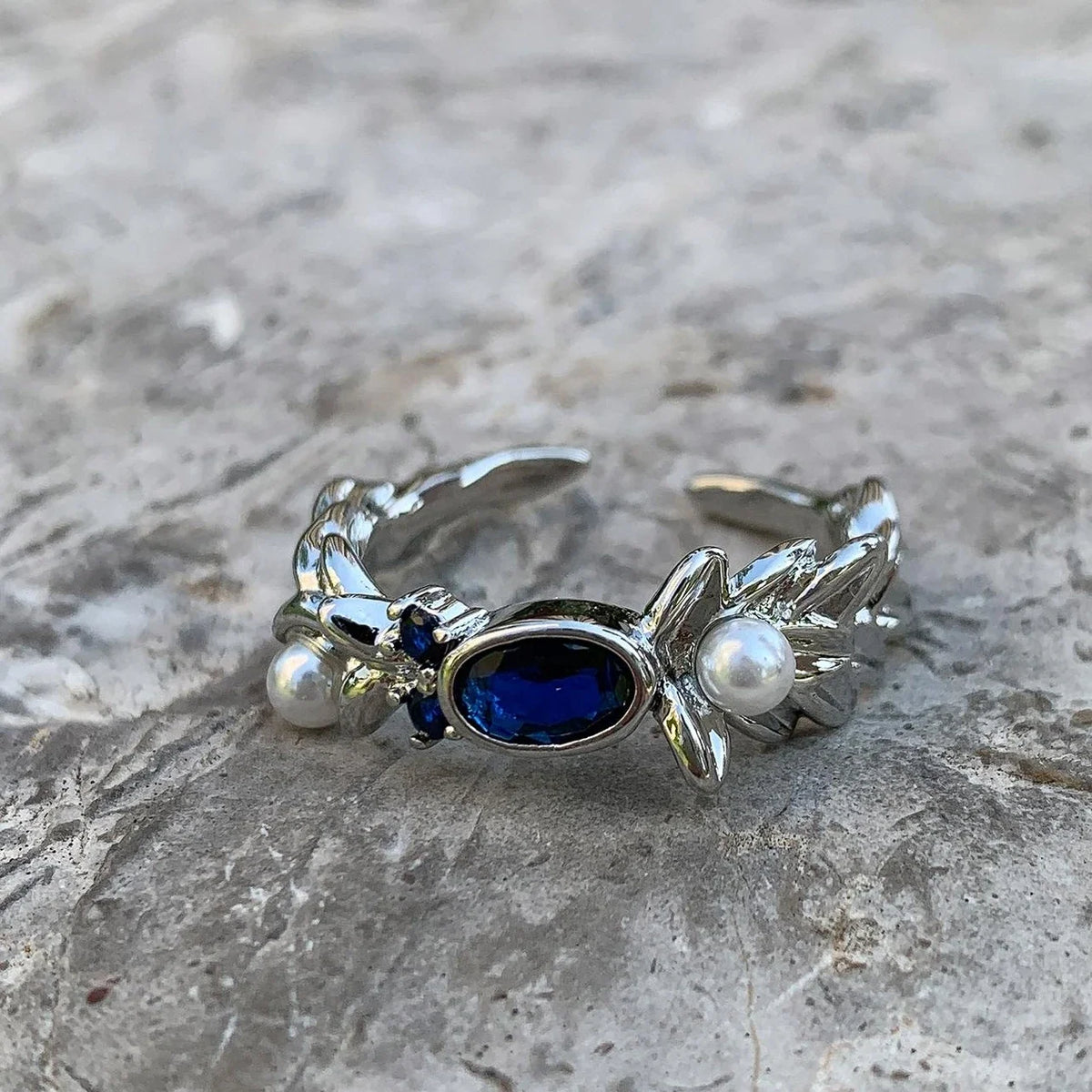 Adjustable Blue Zircon Pearl Ring