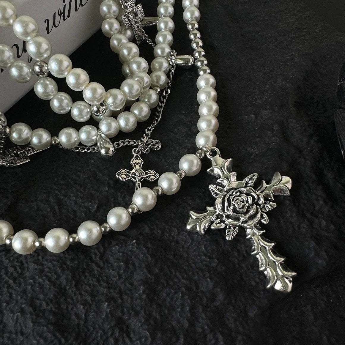 Adjustable Layered Pearl Cross Choker Necklace