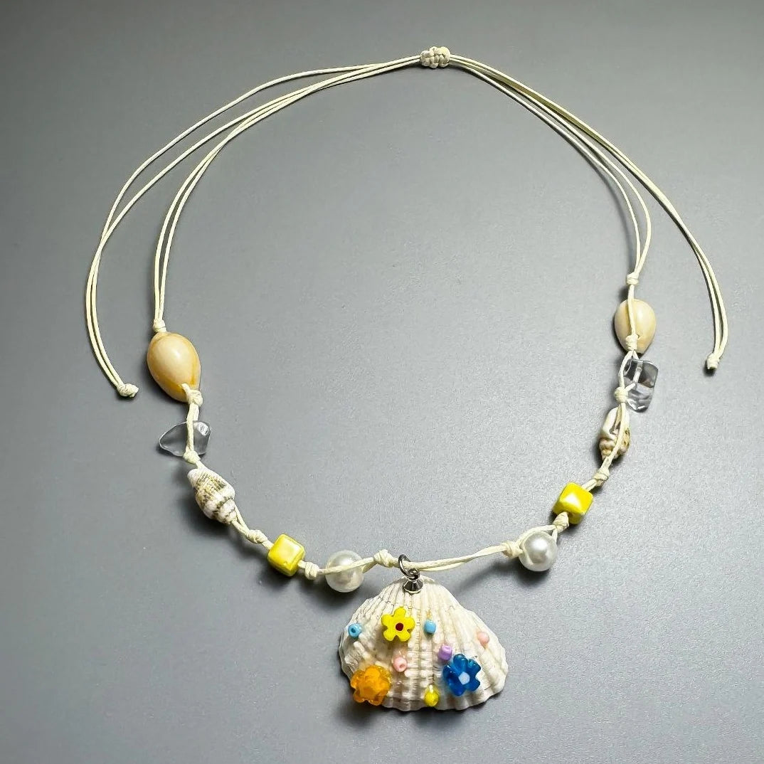 Natural Seashell Bead Necklace With Adjustable Drawstring