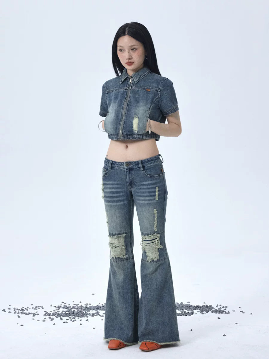 1988 Vintage Low Rise Flared Jeans With Distressed Details