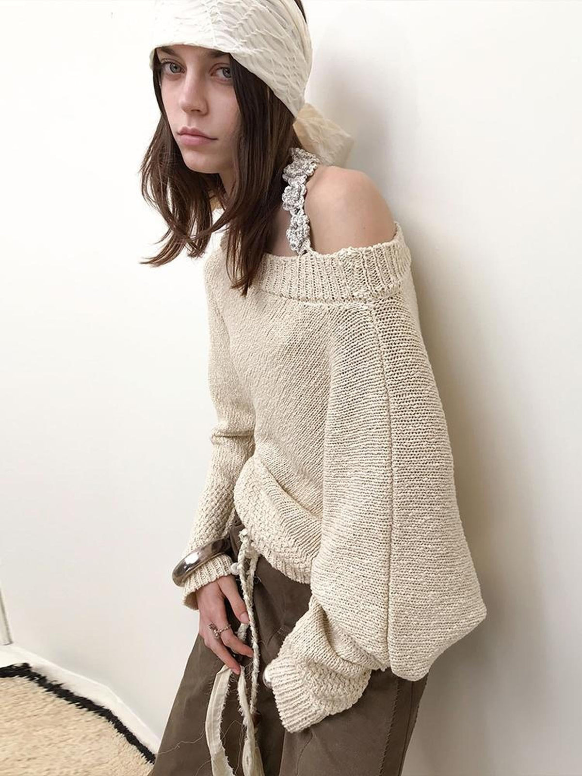 Adjustable Off Shoulder Crochet Knit Top
