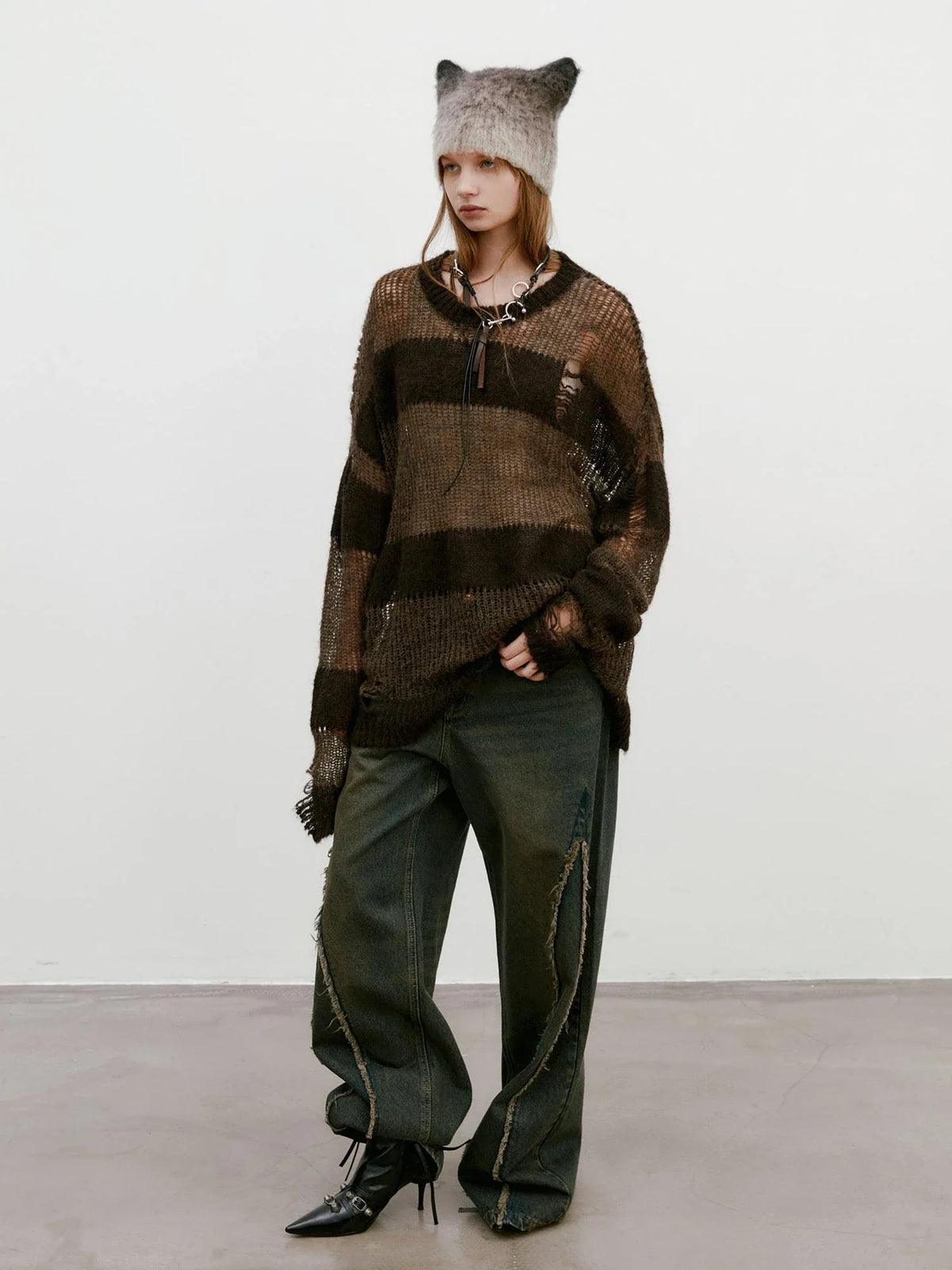 Brown Striped Knit Sweater With Distressed Openwork Texture