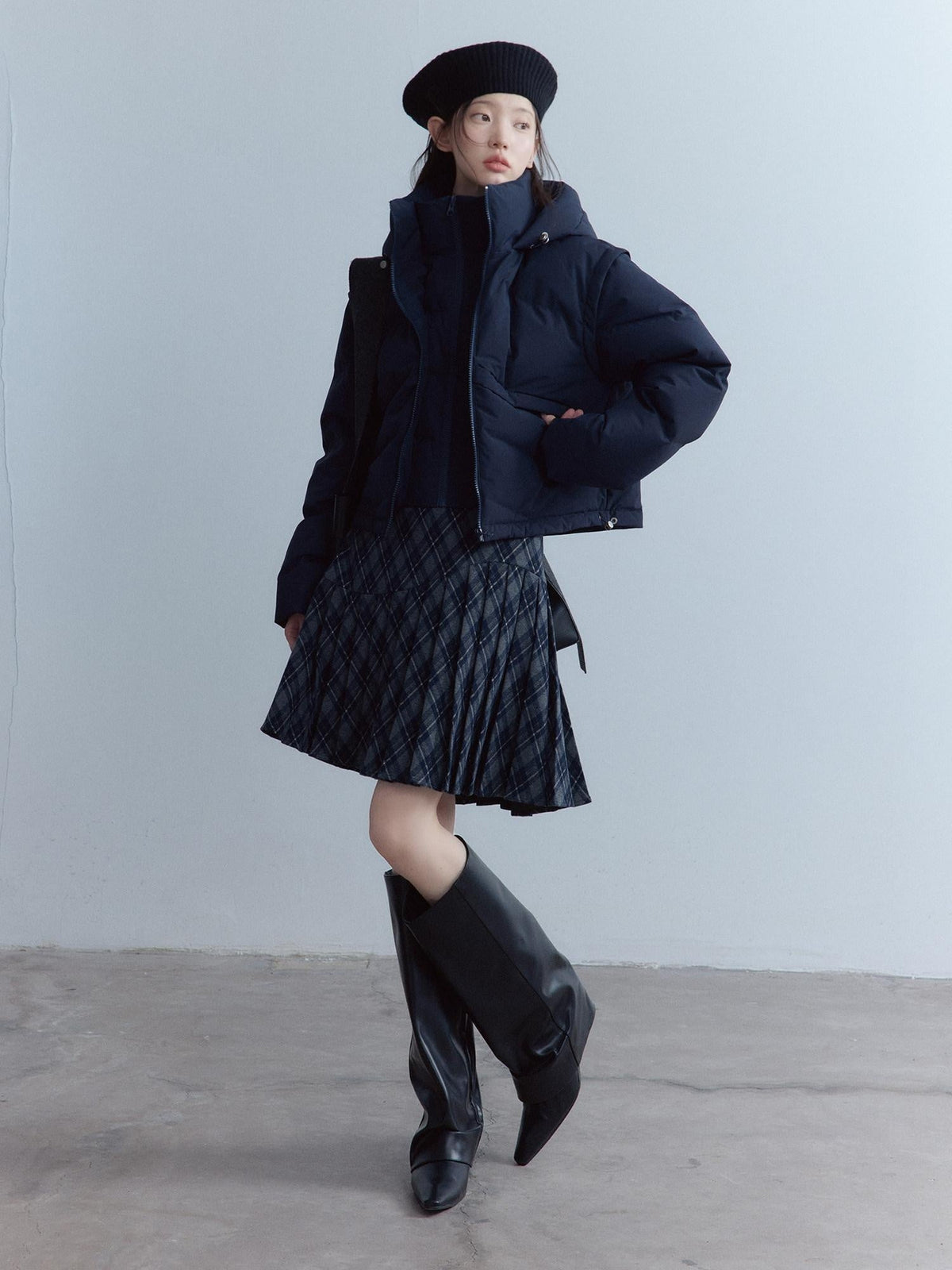 90 Percent Duck Down Slim Hooded Faux Layer Girls Midnight Blue Down Jacket