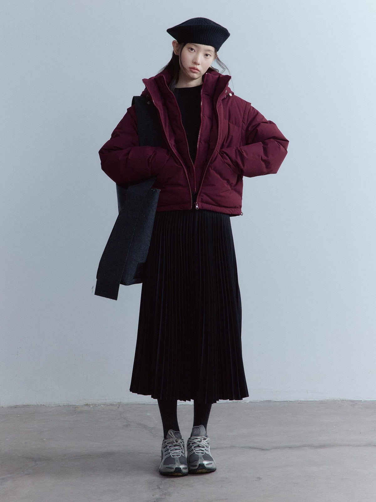 90% White Duck Down Slim Hooded Mock Two Piece Casual Bordeaux Red Down Jacket