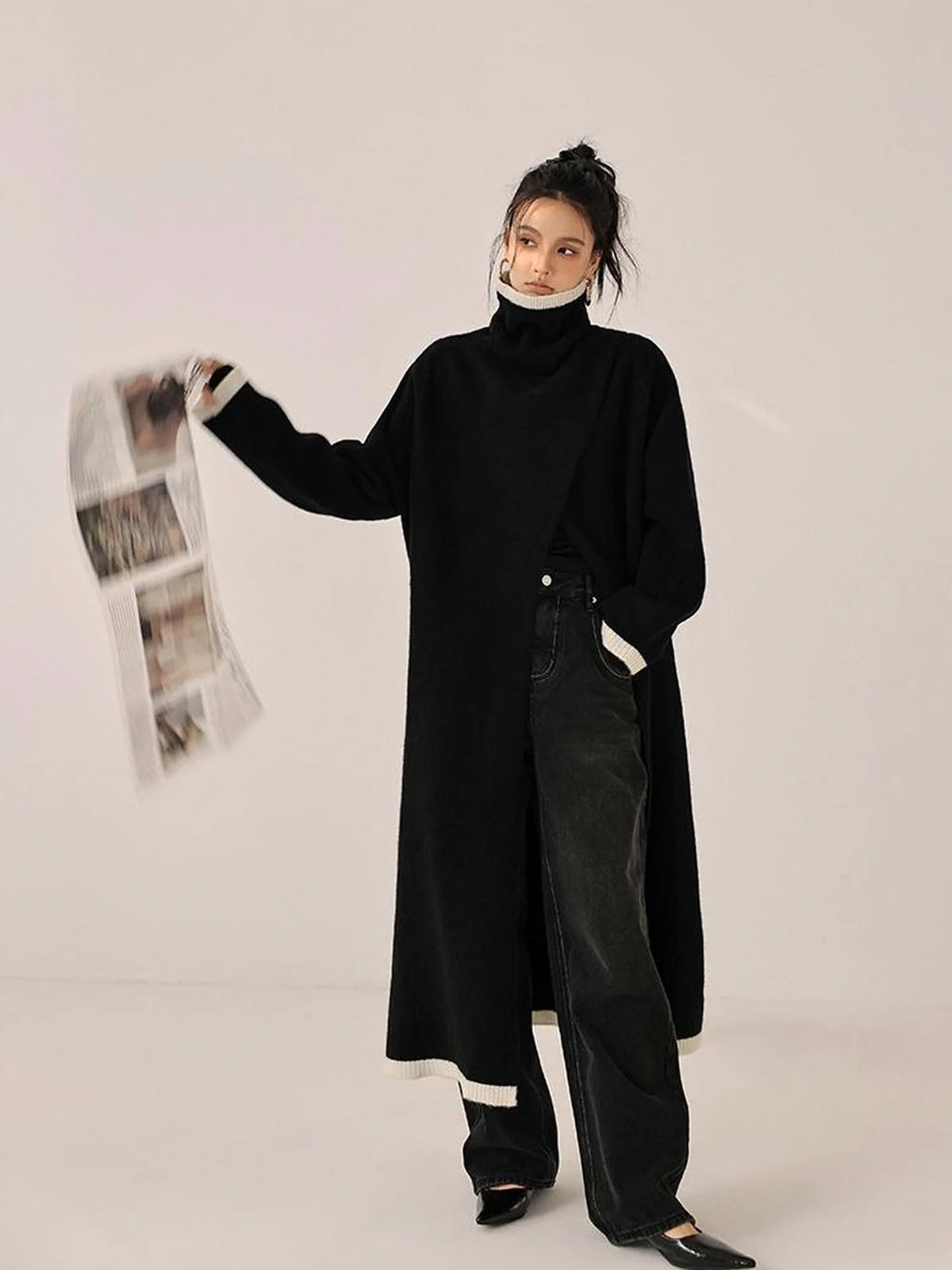 Long Asymmetrical Front Slit Alpaca Wool Turtleneck Sweater