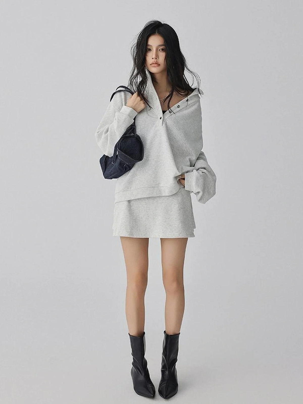 Semi High Neck Button Down Collar Sweatshirt Shorts Set
