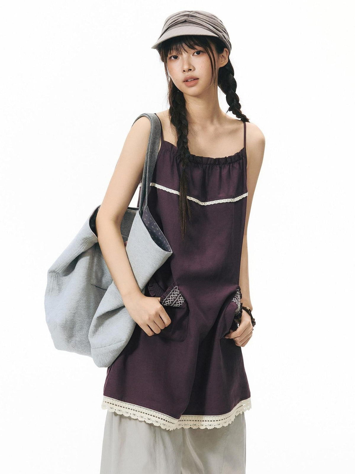 A Line Gathered Pocket Lace Trim Women's Tencel Linen Slip Mini Dresses