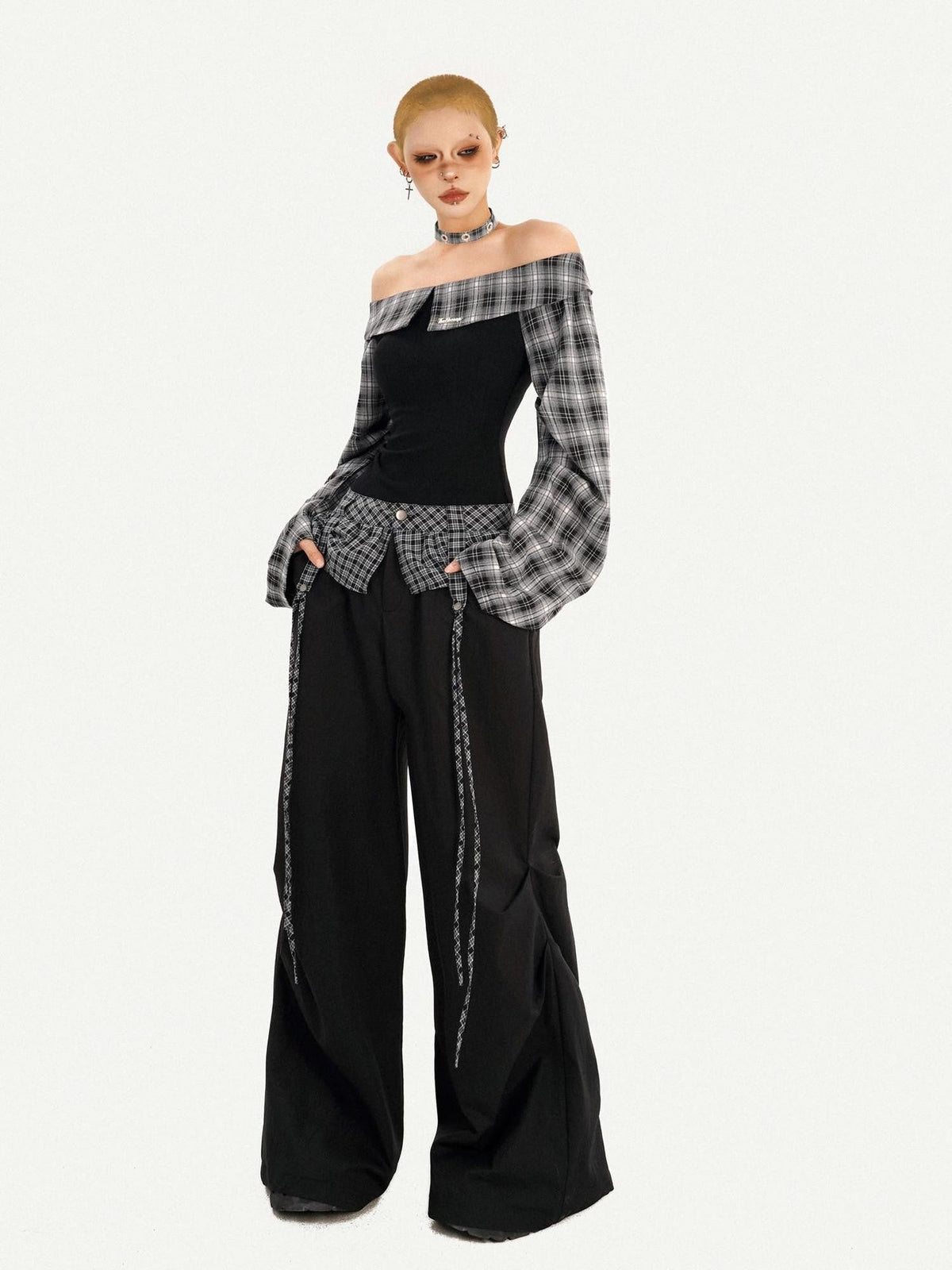 American Plaid Patchwork Cargo Workwear Flap Women's Wide-leg Pants