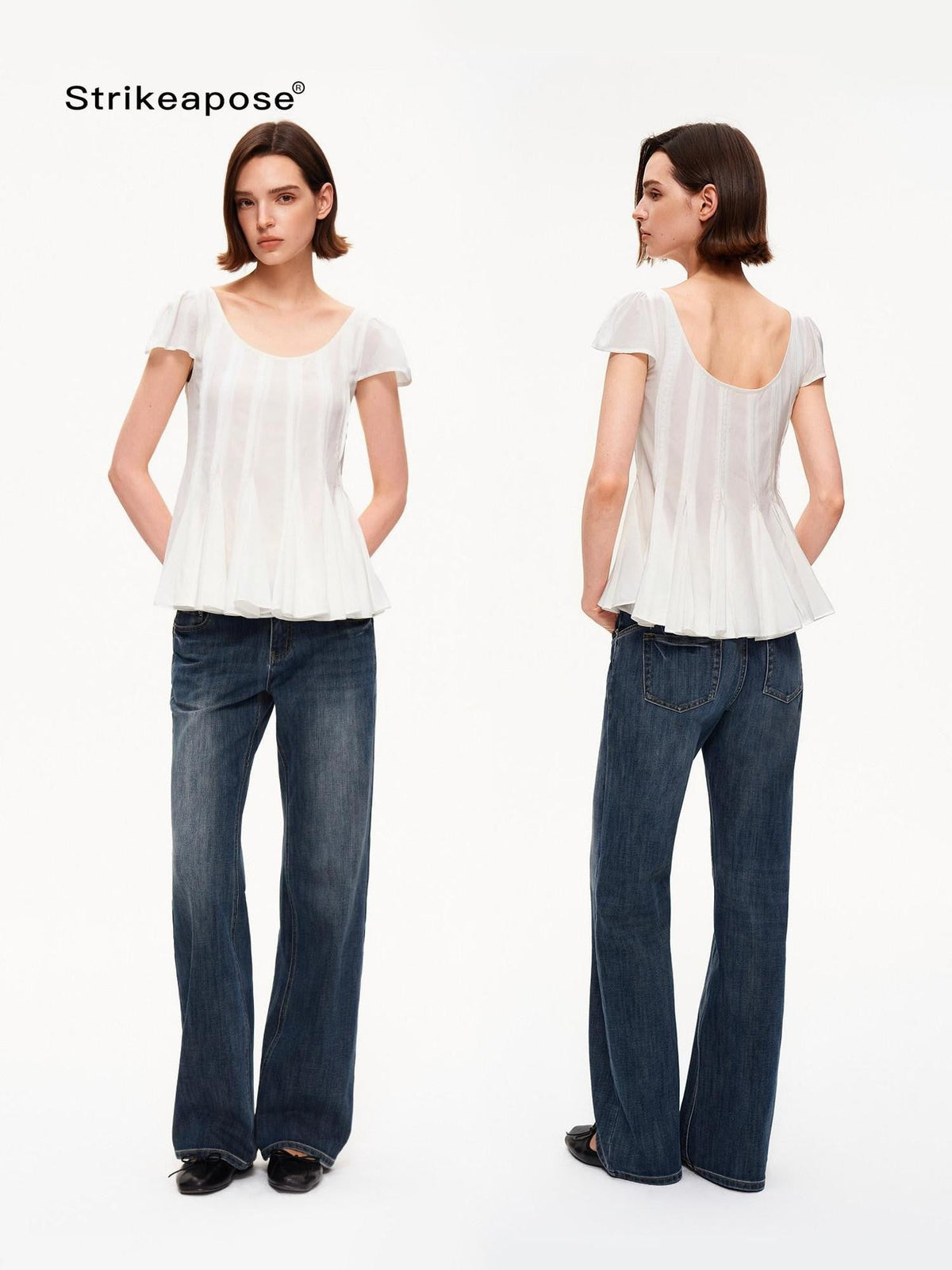 A Line Vertical Pleated Flutter Sleeve Women's Acetate Short Sleeve T-shirts