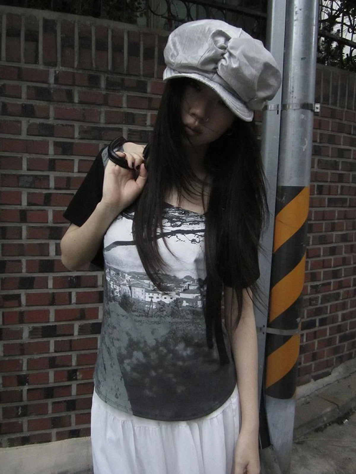 Asymmetric Shoulder Color Block Print Tee