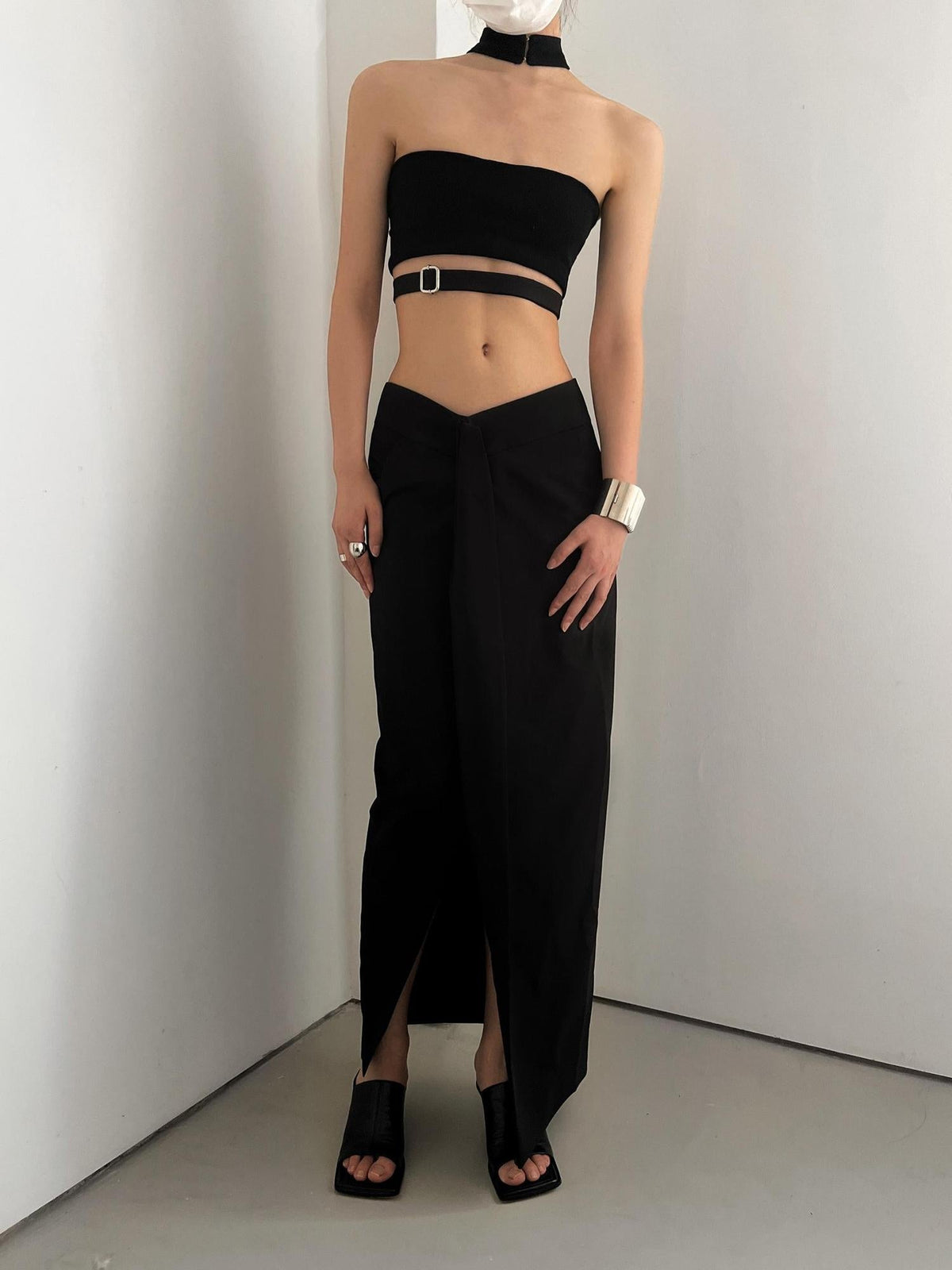 Adjustable Belted Asymmetrical Slit Maxi Skirt