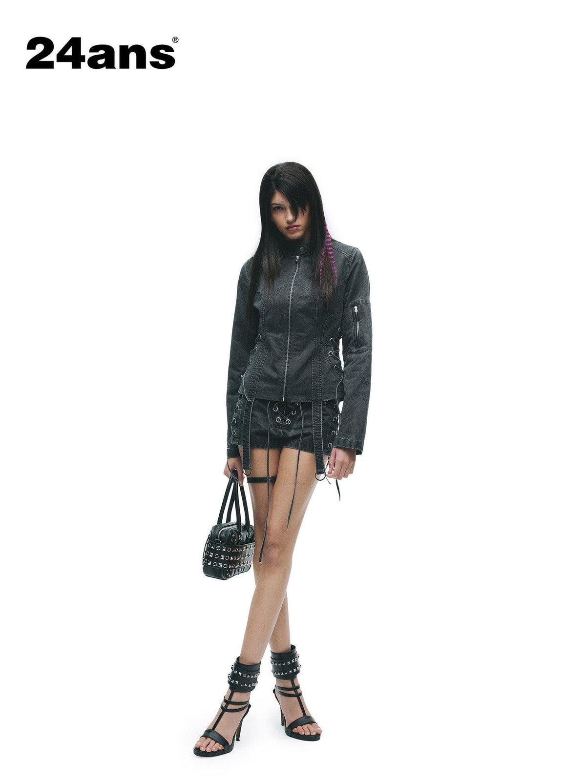 Two Piece Long Sleeve Shorts Set For Women Black Gray Casual Denim Jackets