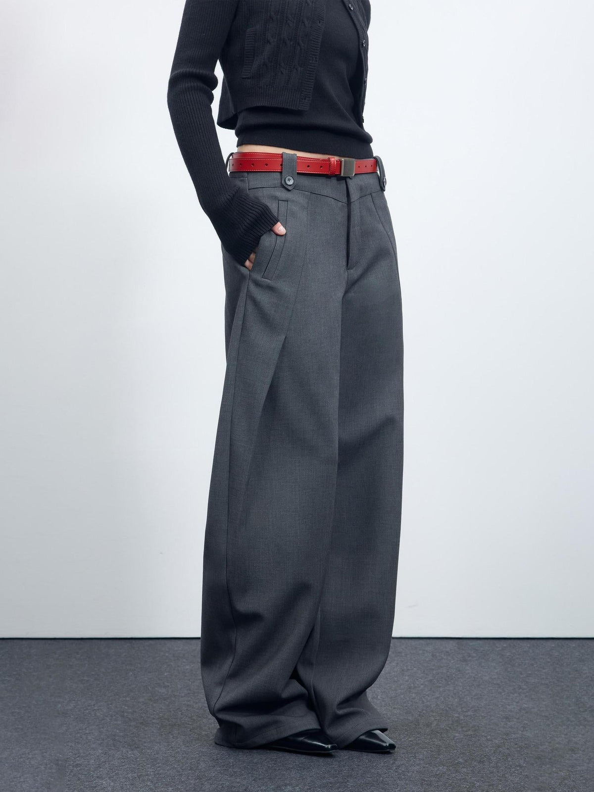 Flattering Mid Rise Minimalist Straight Cut Office Gray Black Wide-Leg Pants