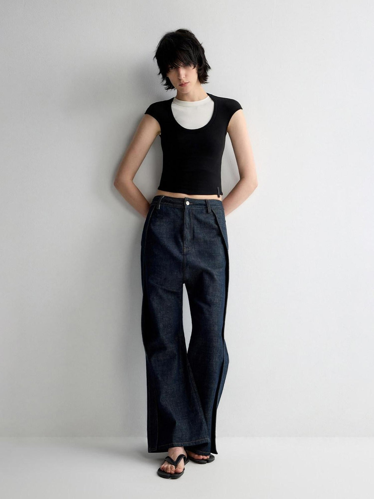 Durable Washed Casual Low Rise Wide Leg Dark Denim Flare Jeans