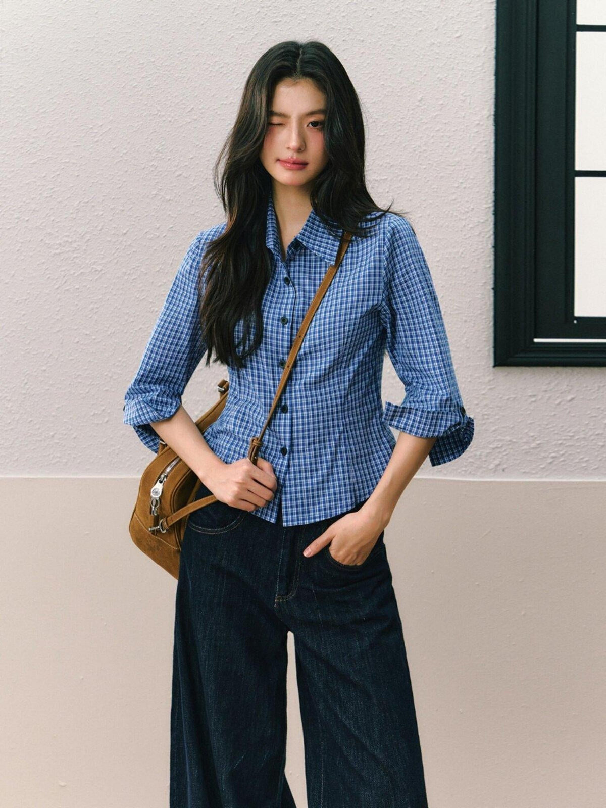 Dark Blue Non Stretch Natural Waist Casual Straight Cut Ladies Wide Leg Jeans