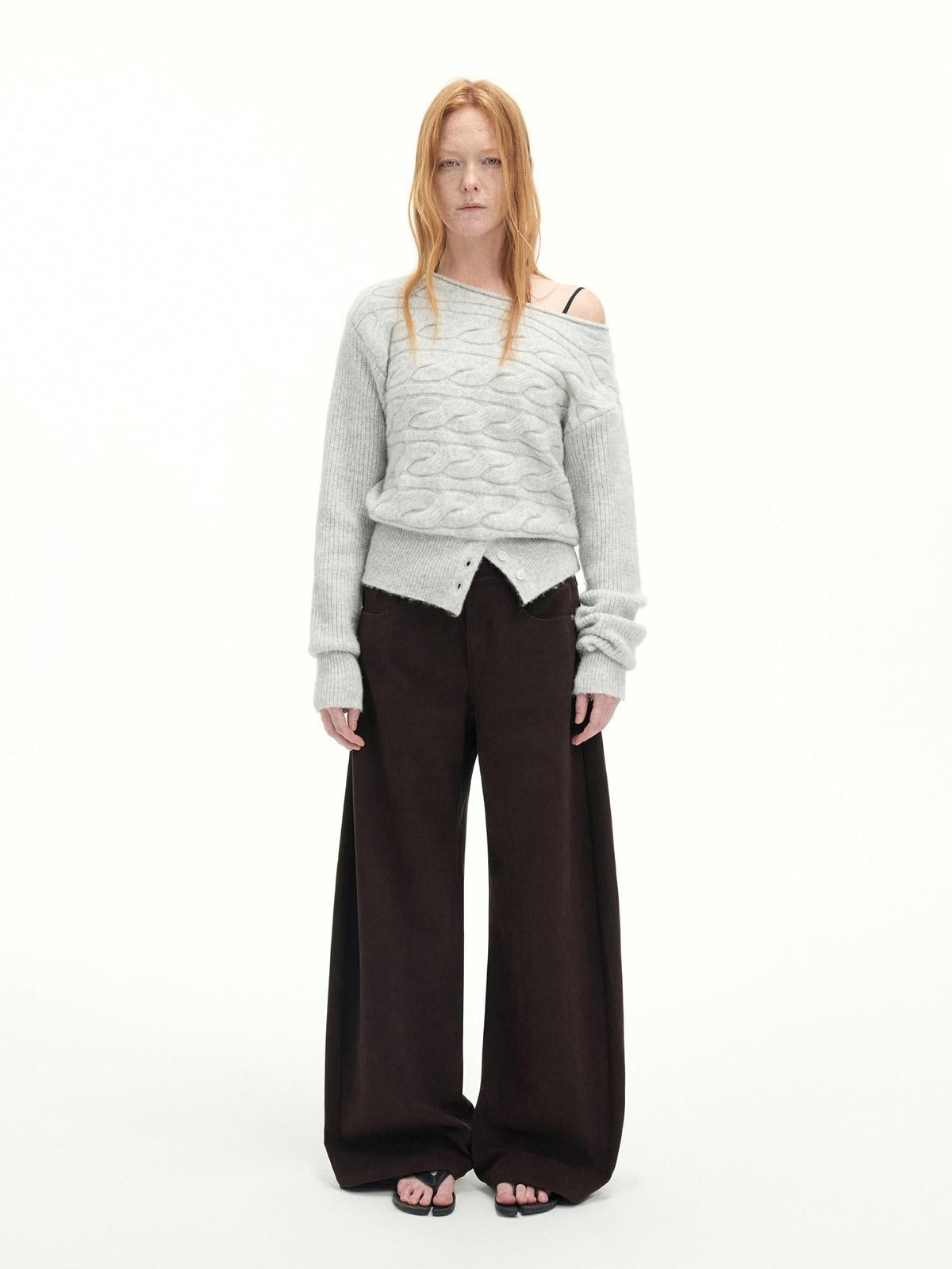 Casual Mid Low Waist Zip Fly Polyester Women Deep Brown Wide-Leg Pants