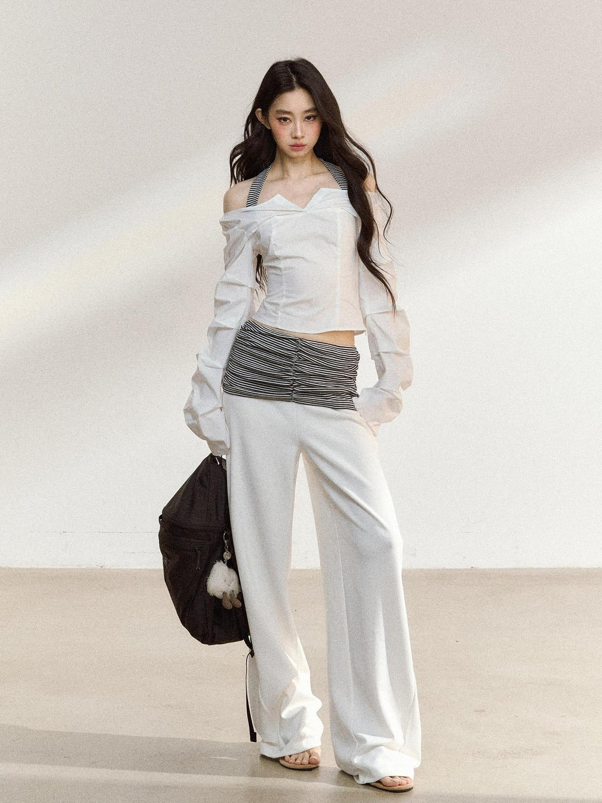 Recycled Fiber Stripe Patchwork Natural Waist Loose Women Wide Leg Pants