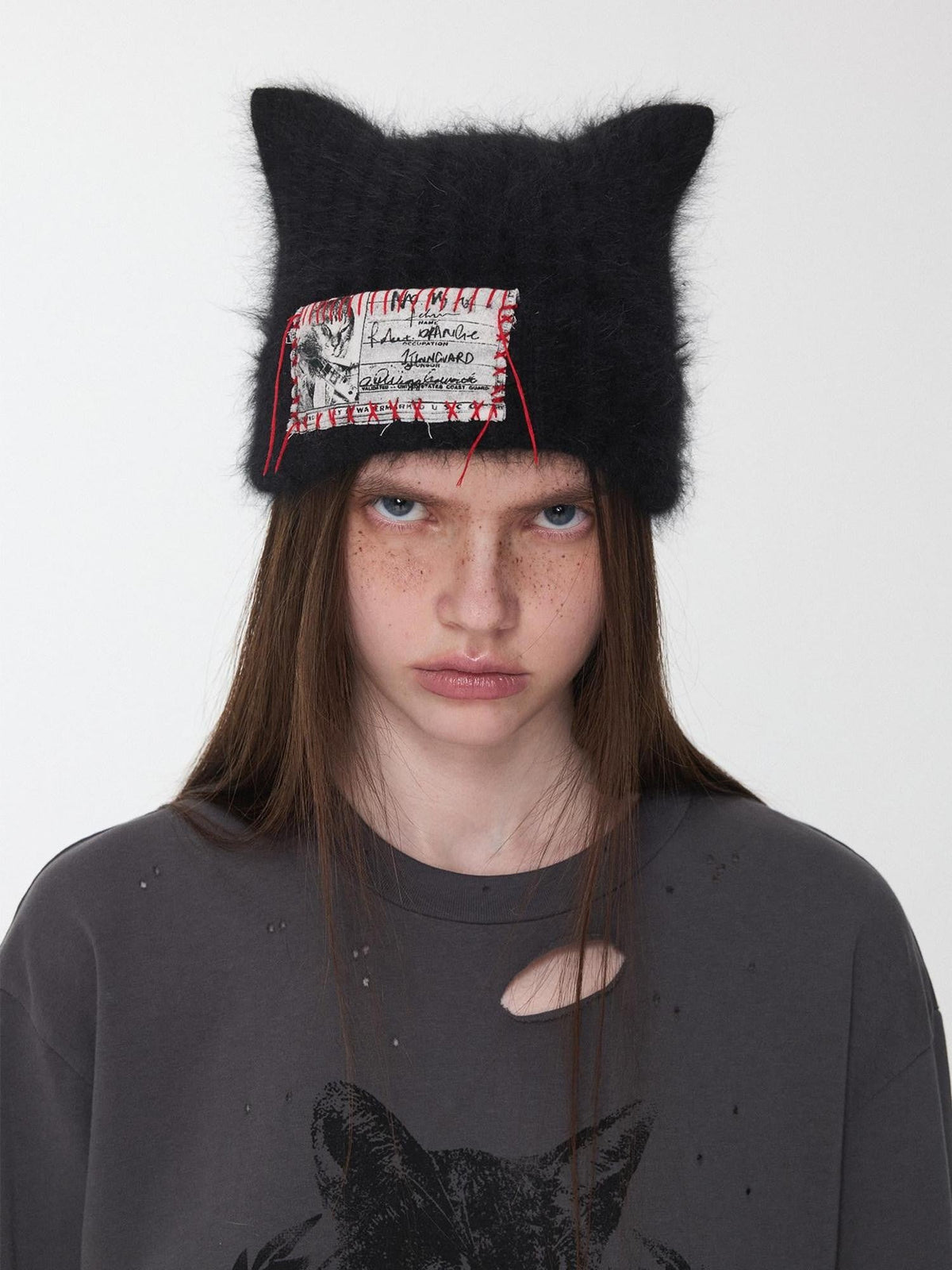 Cat Ear Hand Sewn Label Solid Color Women's Long Rabbit Fur Knit Beanies
