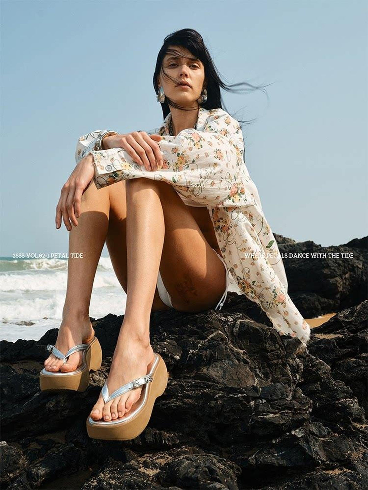 Retro Textured Thong Wedge Women's Cowhide Leather Platform Sandals