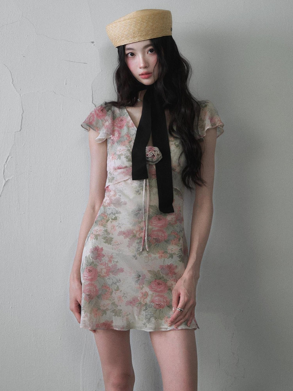 3d Floral Print V-neck Flutter Sleeve Women's Polyester Bodycon Mini Dresses