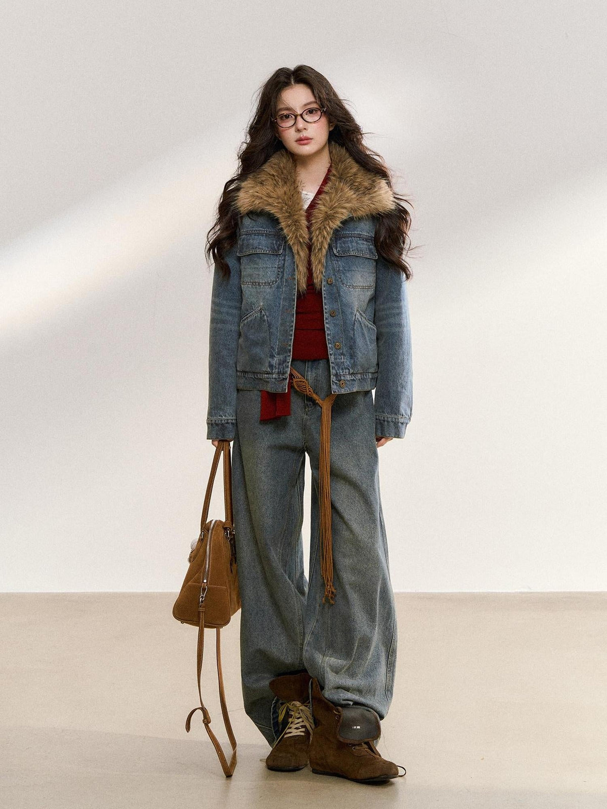 Warm Detachable Fur Collar Casual Cropped Women Long Sleeve Denim Jackets