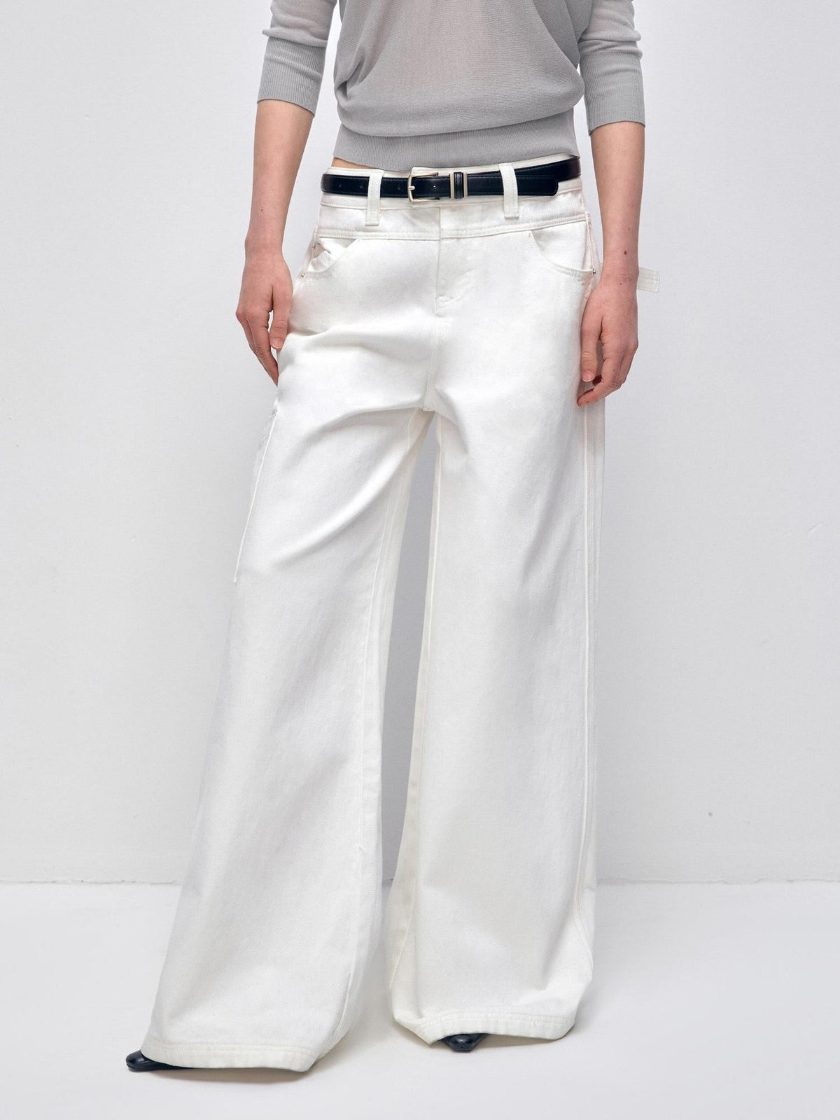 Low Rise 96 Percent Cotton Casual Loose Fit White Denim Wide-Leg Jeans