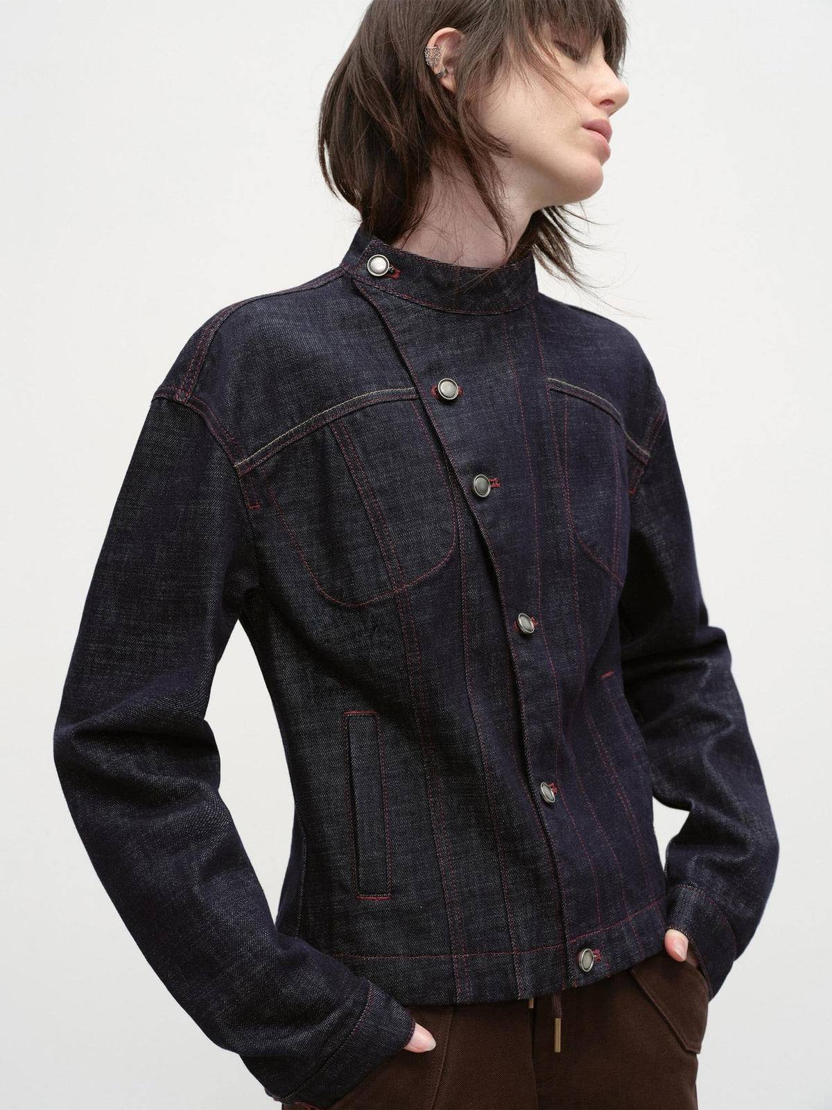 Vintage Asymmetric Fitted Waist Unisex Dark Indigo Cotton Button Denim Jackets