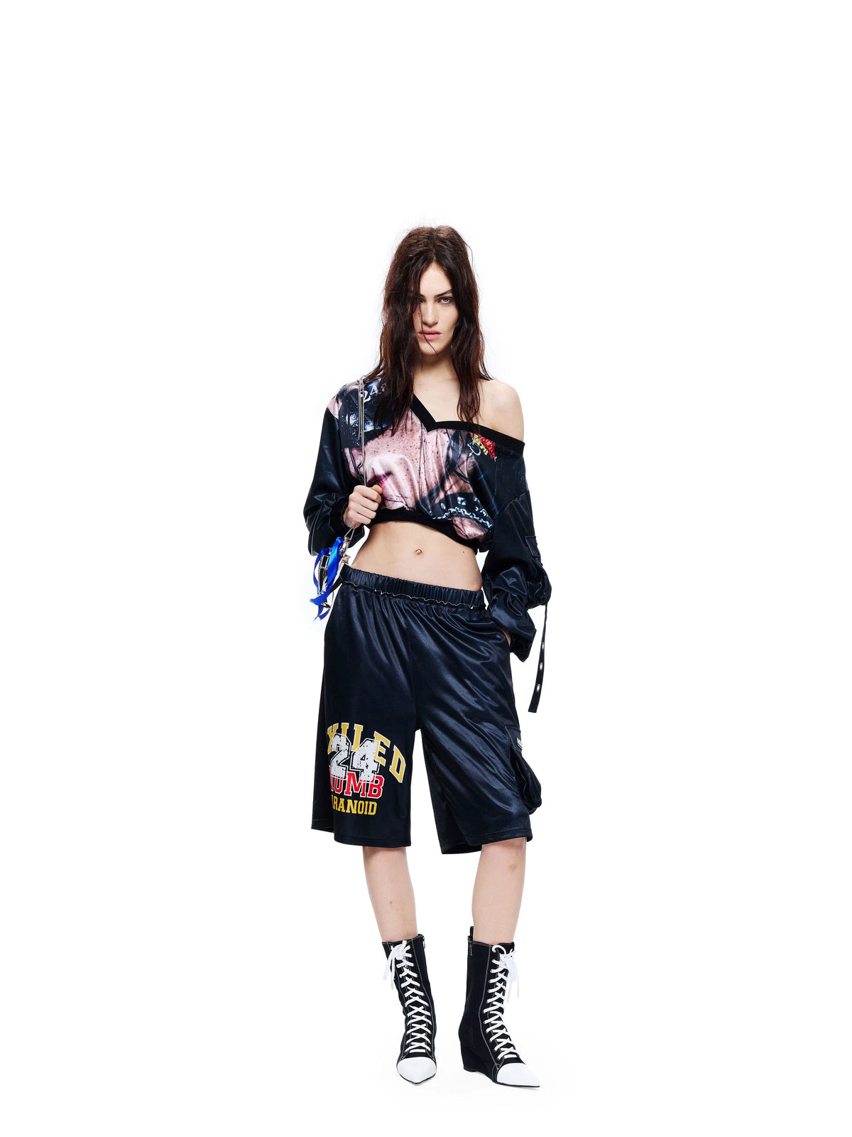 Breathable Mesh Letter Print Long Sleeve Two Piece Casual Top & Shorts Sets