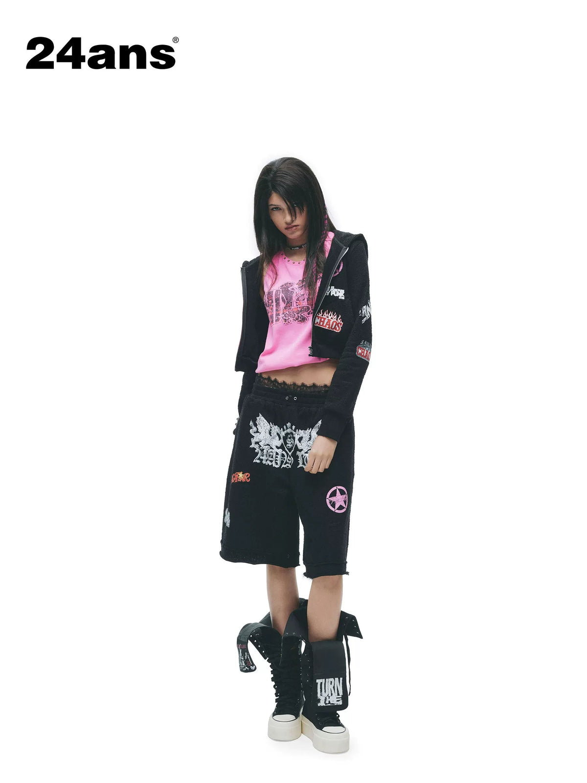 Cropped Cutout Long Sleeve Crew Lettering Mid Waist Shorts Top & Pants Sets