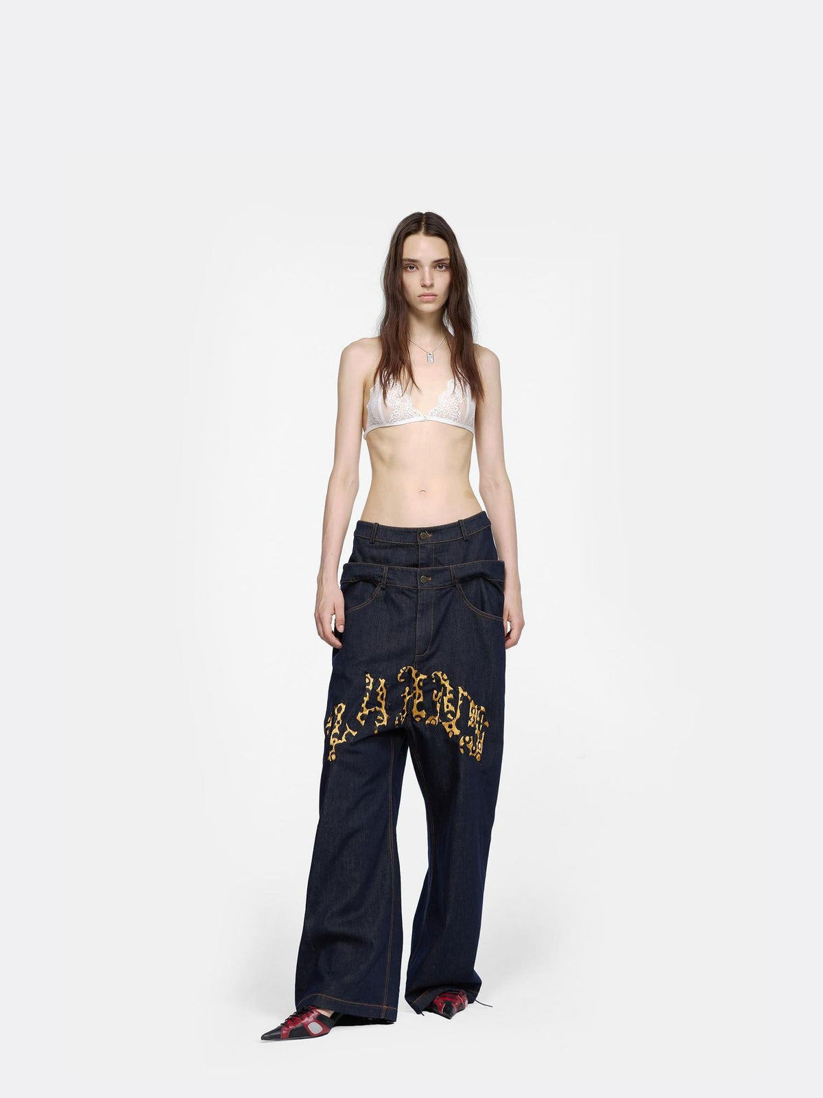 Double Waist Drop Crotch Embroidered Jeans