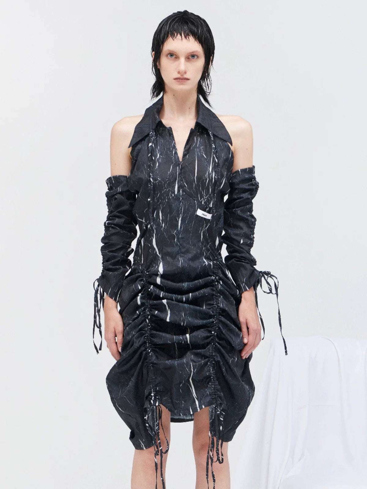 Drawstring Texture Dress Ltd Edition V Neck T Shirt Long Sleeve