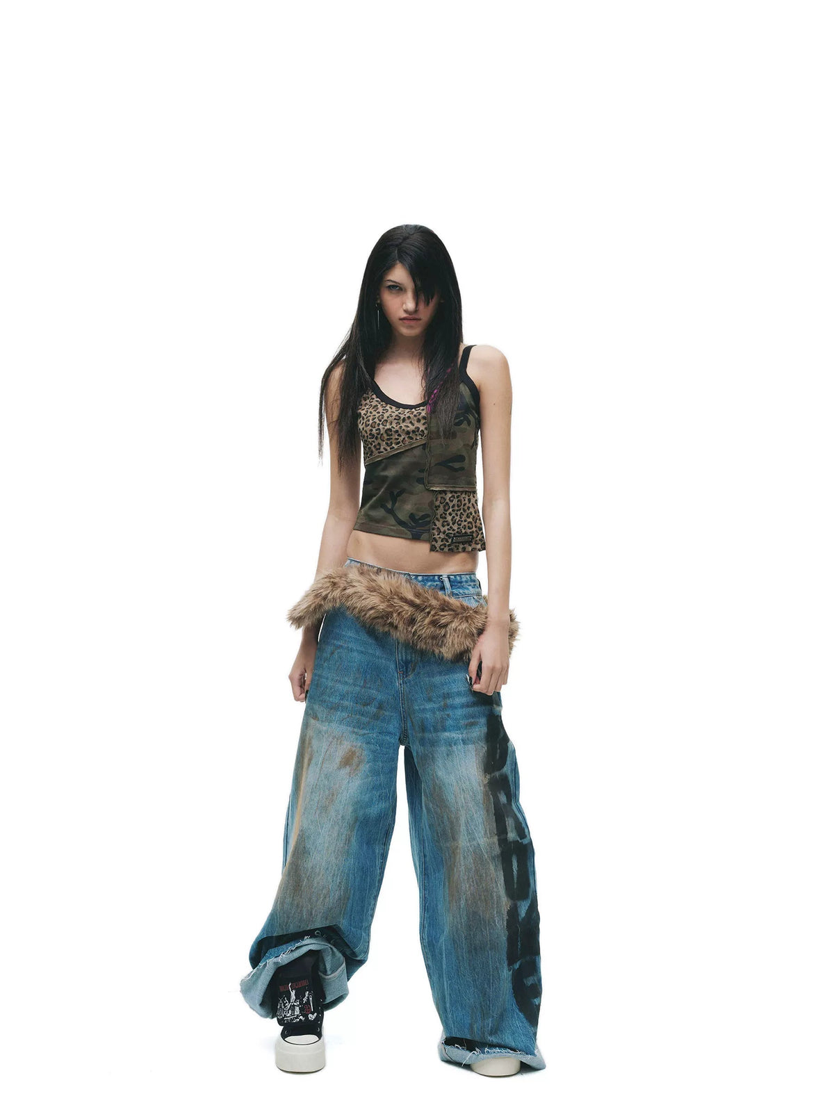 Enzyme Wash Natural Waist Letter Print Blue Slight Stretch Wide-Leg Jeans