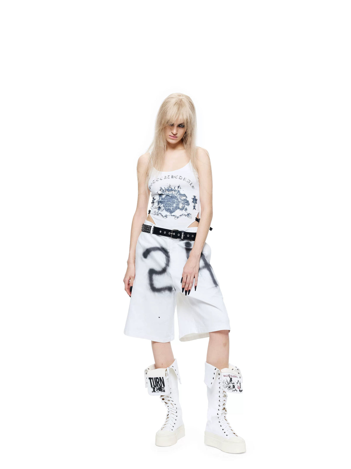 Exposed Waist Gothic Print Leather Tie Buckle Beaded Women'S Cotton Tank Tops