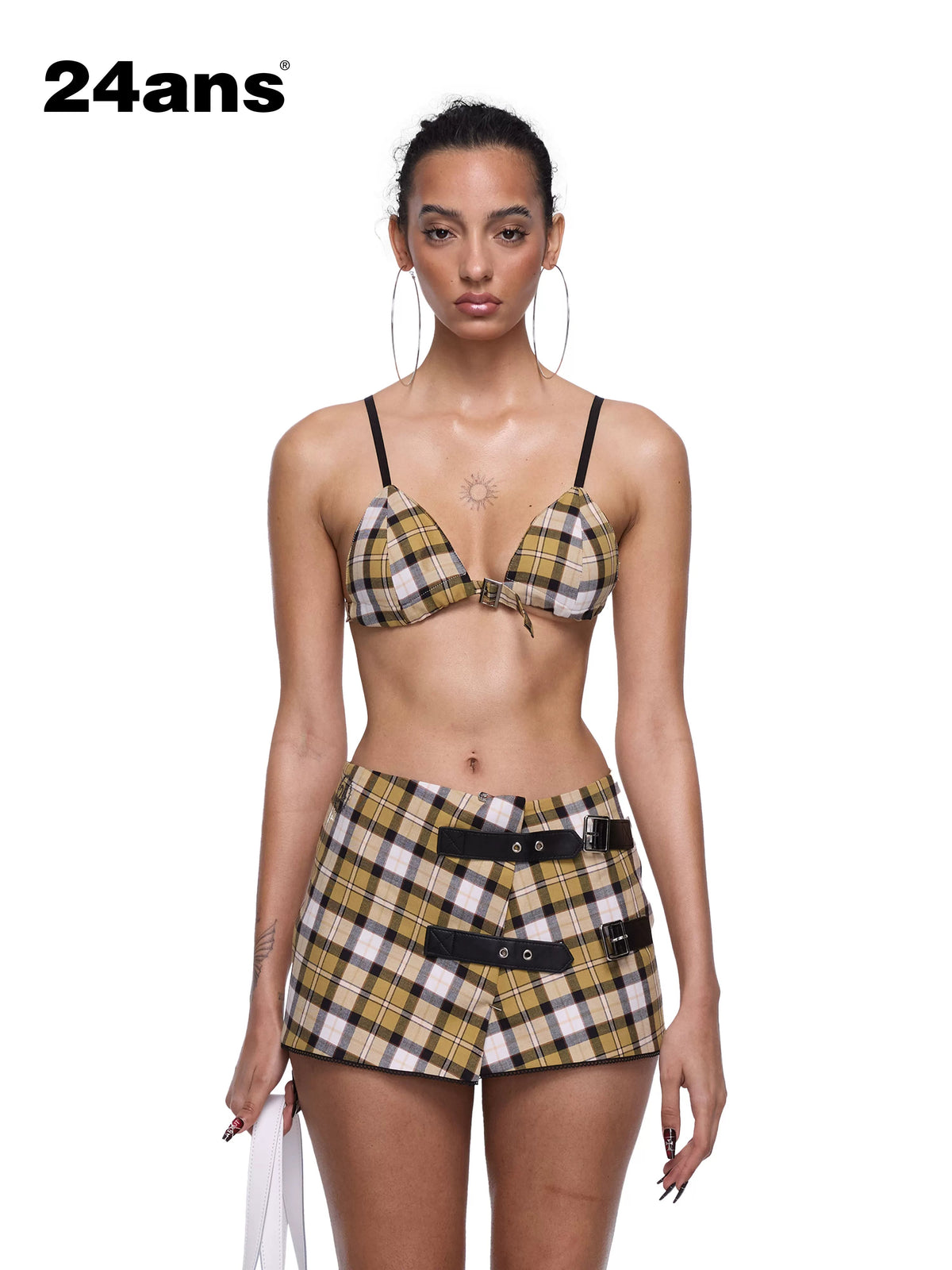 Grid Pattern Bra Top And Pleated Skirt Two Piece Set