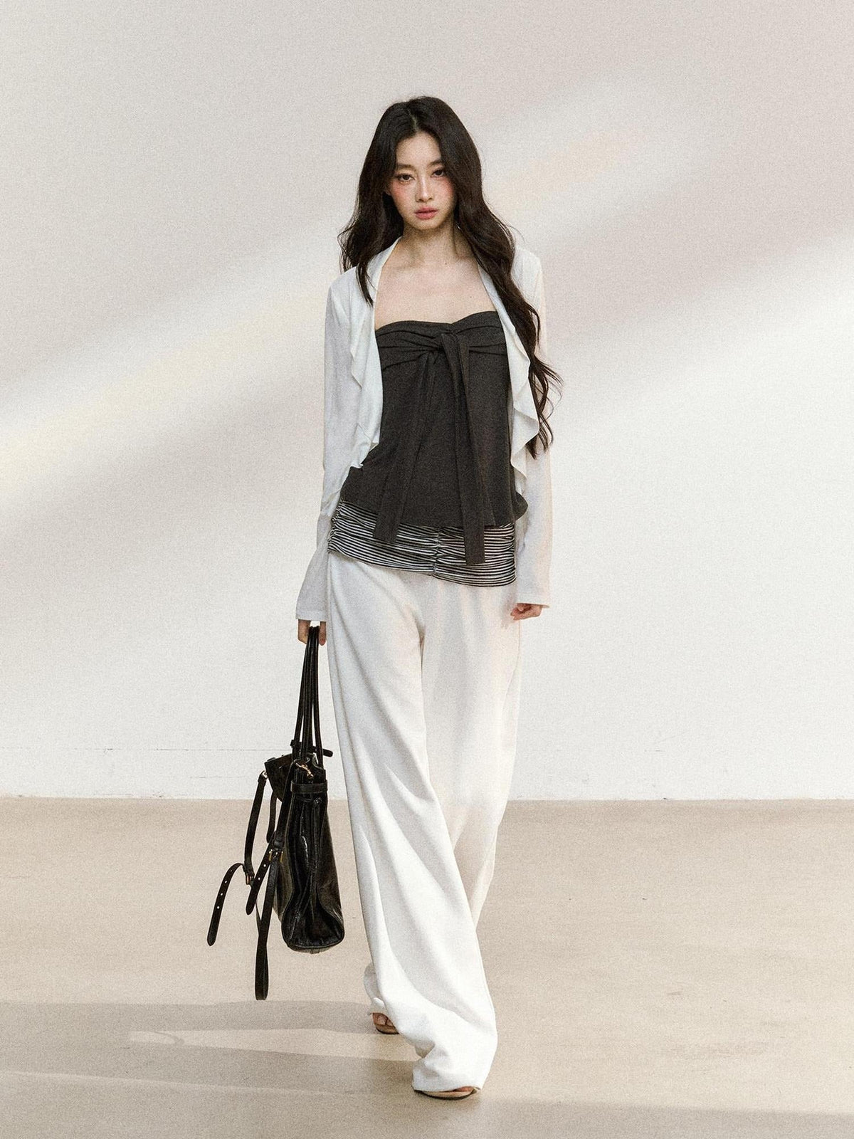Recycled Fiber Stripe Patchwork Natural Waist Loose Women Wide Leg Pants