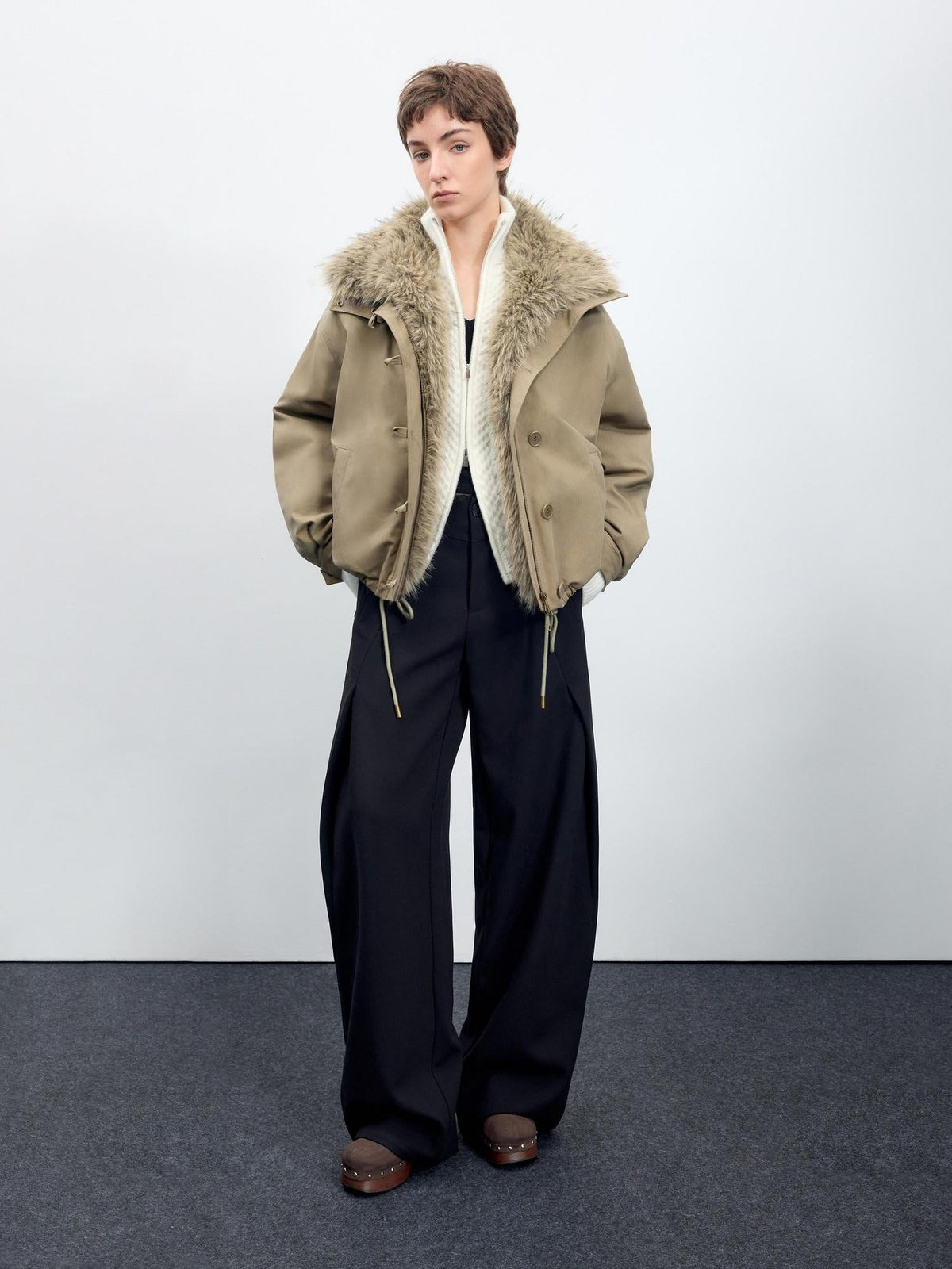Thick Cotton Fill Fur Collar Loose Fit Commuter Solid Zip Puffer Jackets