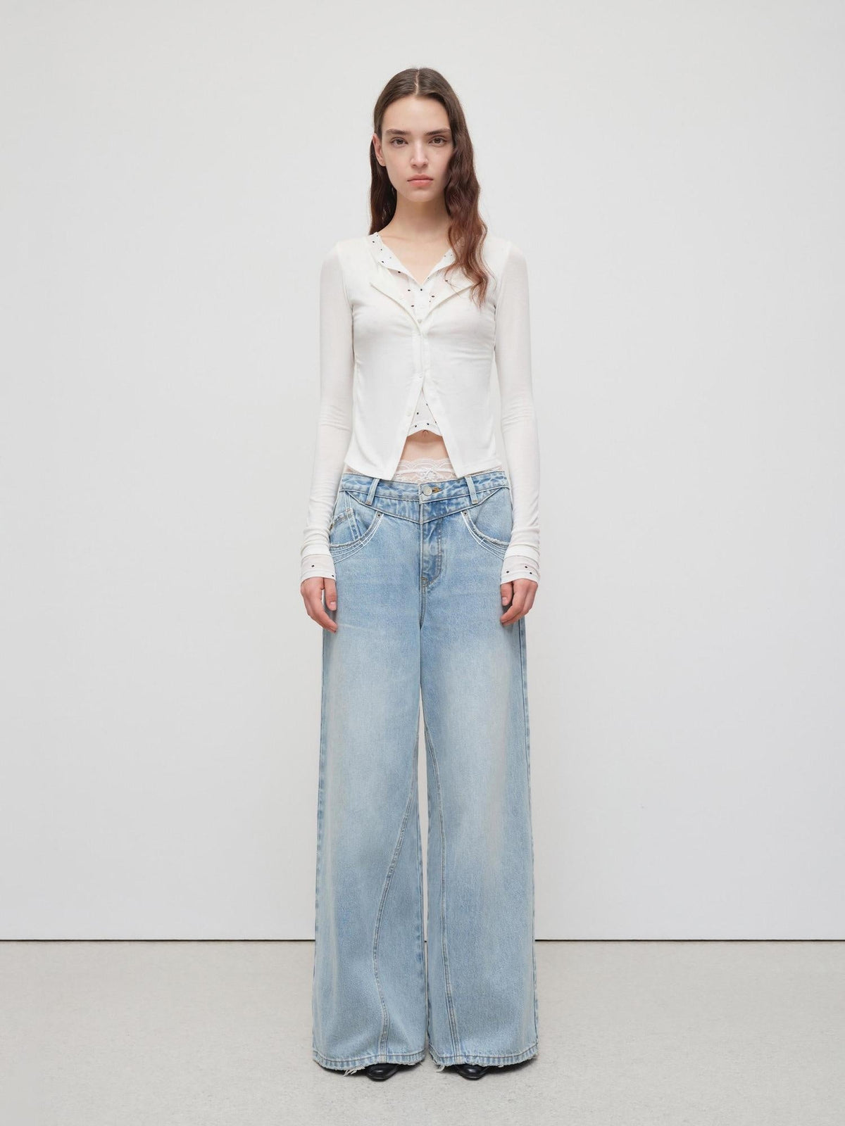 Light Blue Casual Loose Natural Waist Button Fly No Stretch Women Wide-Leg Jeans