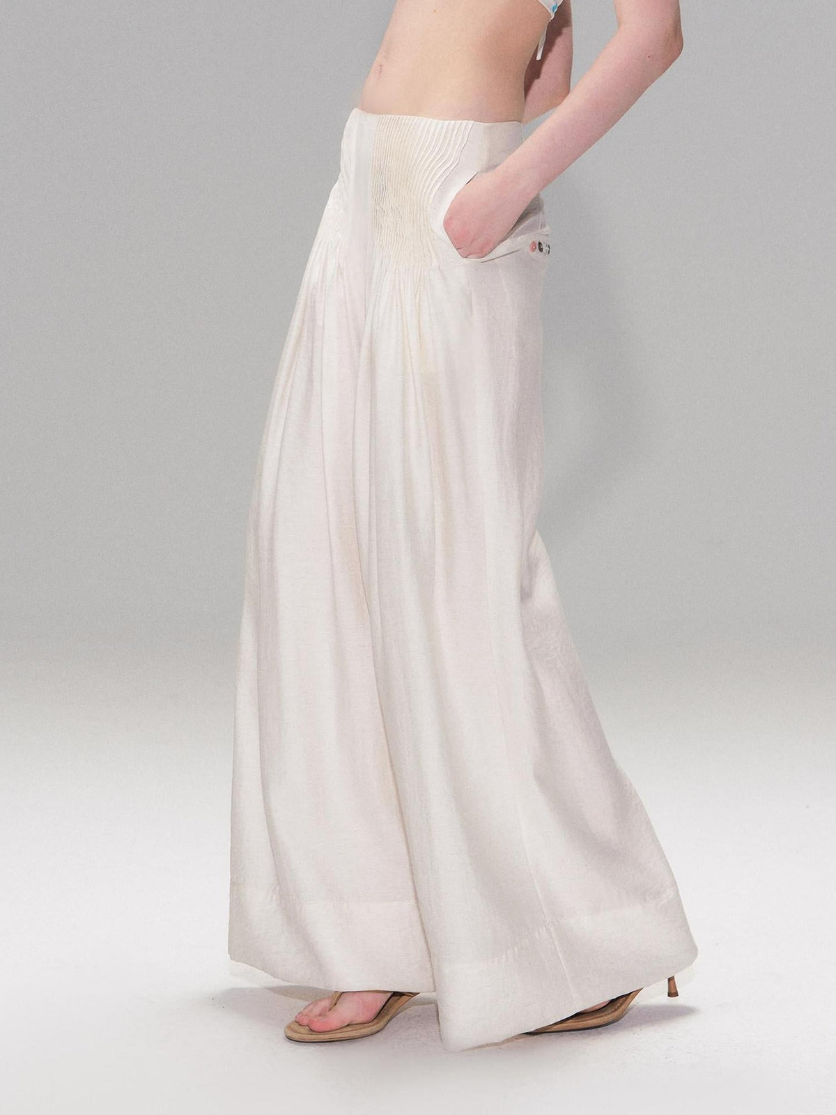 Lightweight Linen Blend Pleated Mid Waist Casual Women Off White Wide Leg Pants