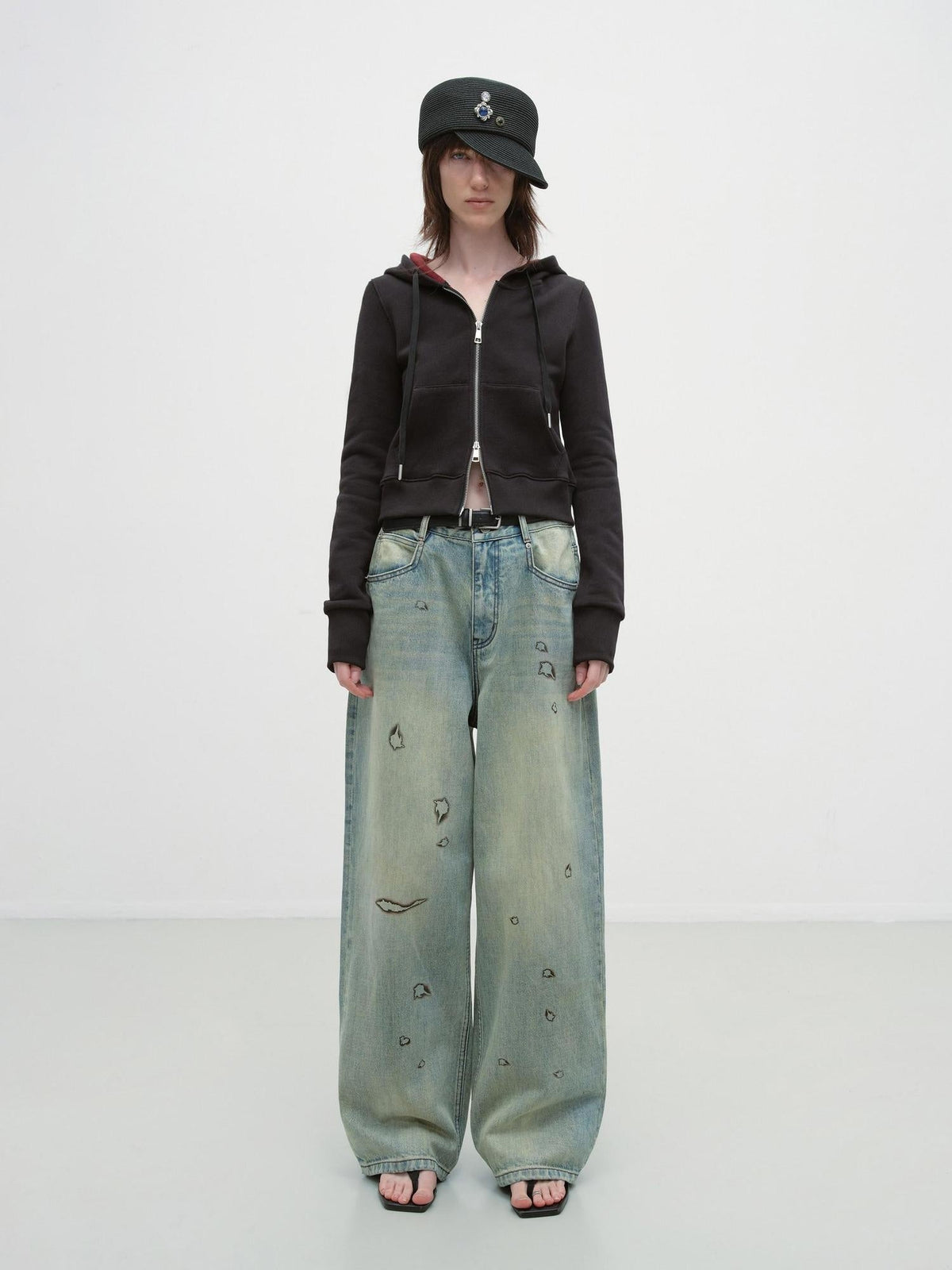 Durable Washed Low Rise Asymmetrical Vintage Unisex Printed Denim Wide-Leg Jeans