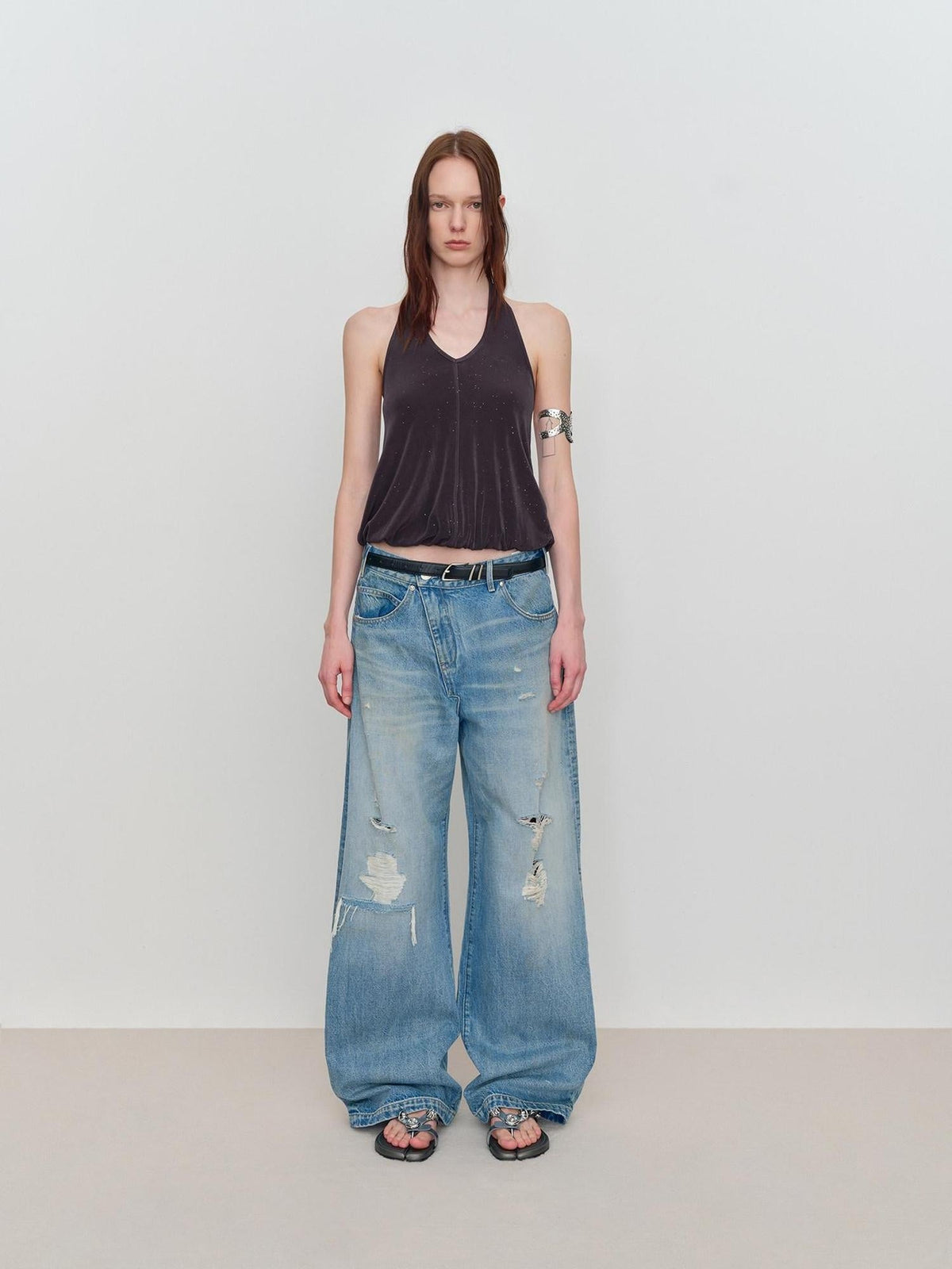 Durable Distressed Low Rise Loose Fit Casual Light Blue Denim Wide-Leg Jeans