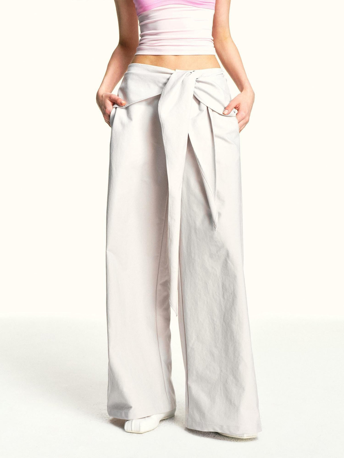 Oatmeal Gray Relaxed Detachable Waist Tie Women'S Polyester Wide-Leg Pants