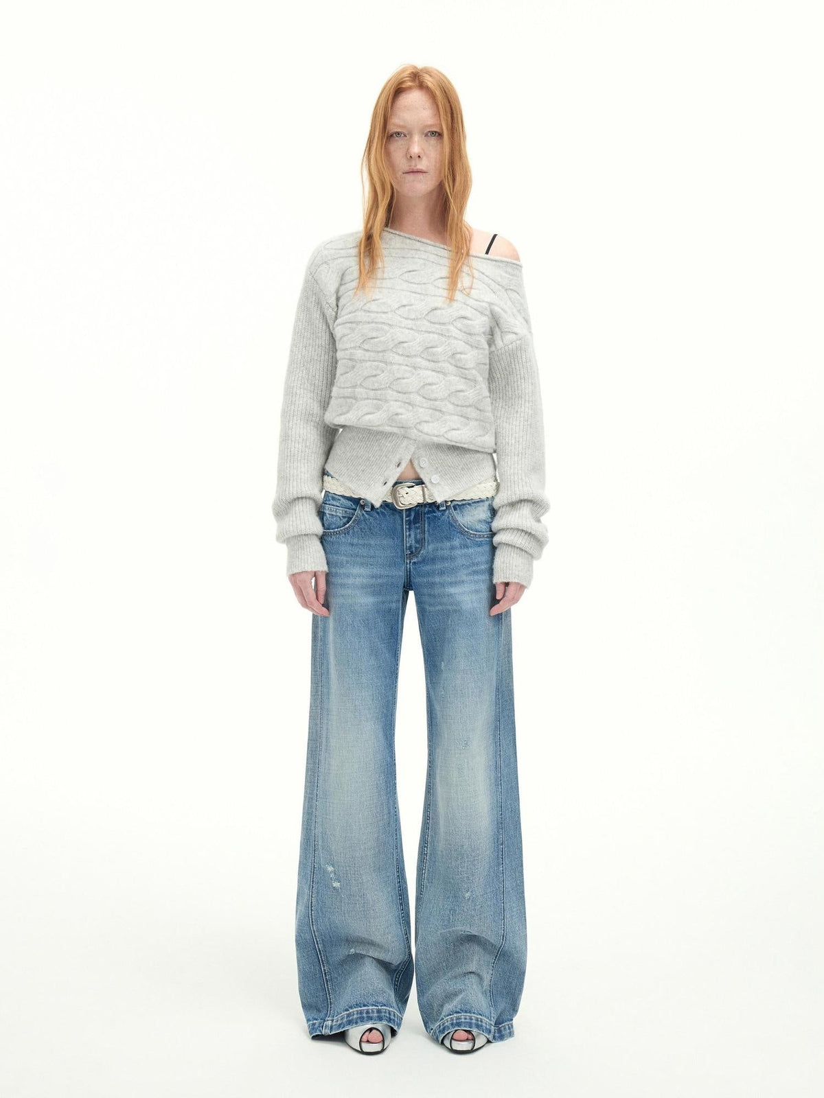 Vintage Washed Flared Cotton Natural Waist Women Blue Wide-Leg Jeans