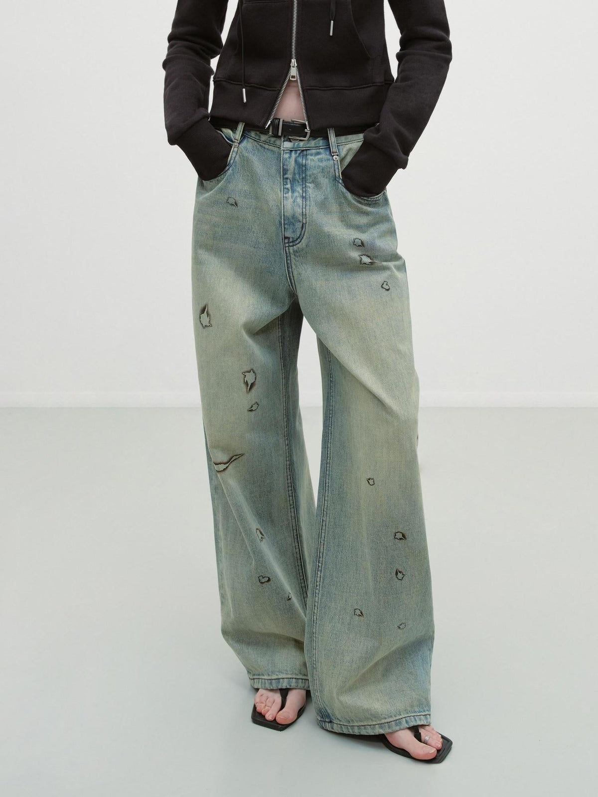 Durable Washed Low Rise Asymmetrical Vintage Unisex Printed Denim Wide-Leg Jeans
