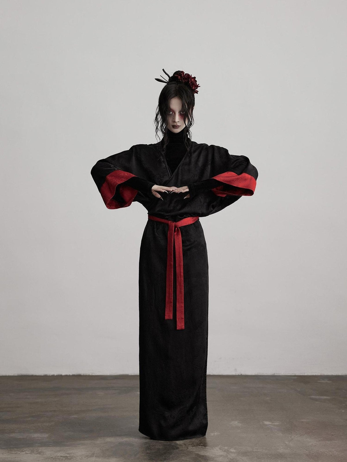 Gothic V-neck Viscose Flared Loose Casual Womens Black Trench Coats