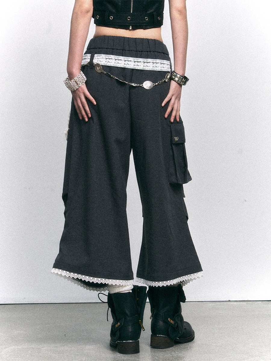 Dark Gray Vintage Lace Print Applique Women's Wide-leg Pants
