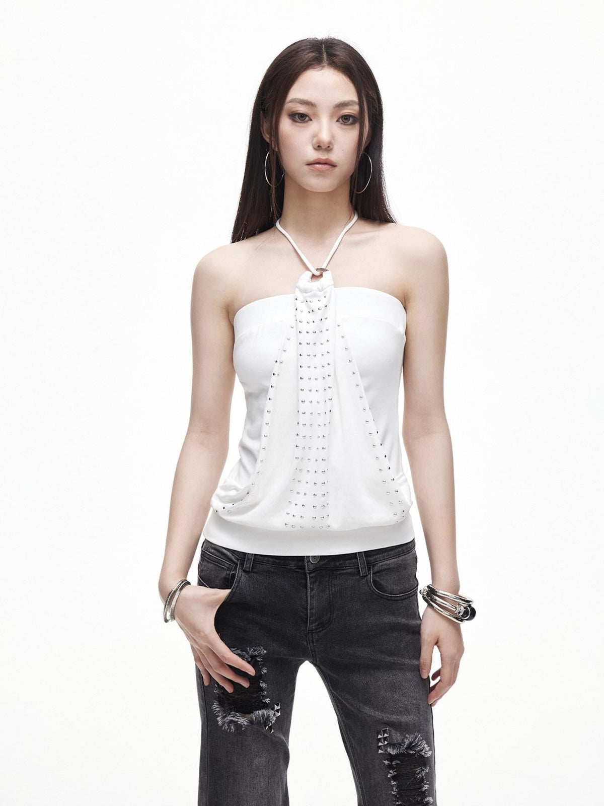 Y2k Studded Cropped Slim Fit With Padding Women's Cotton Halter Tops