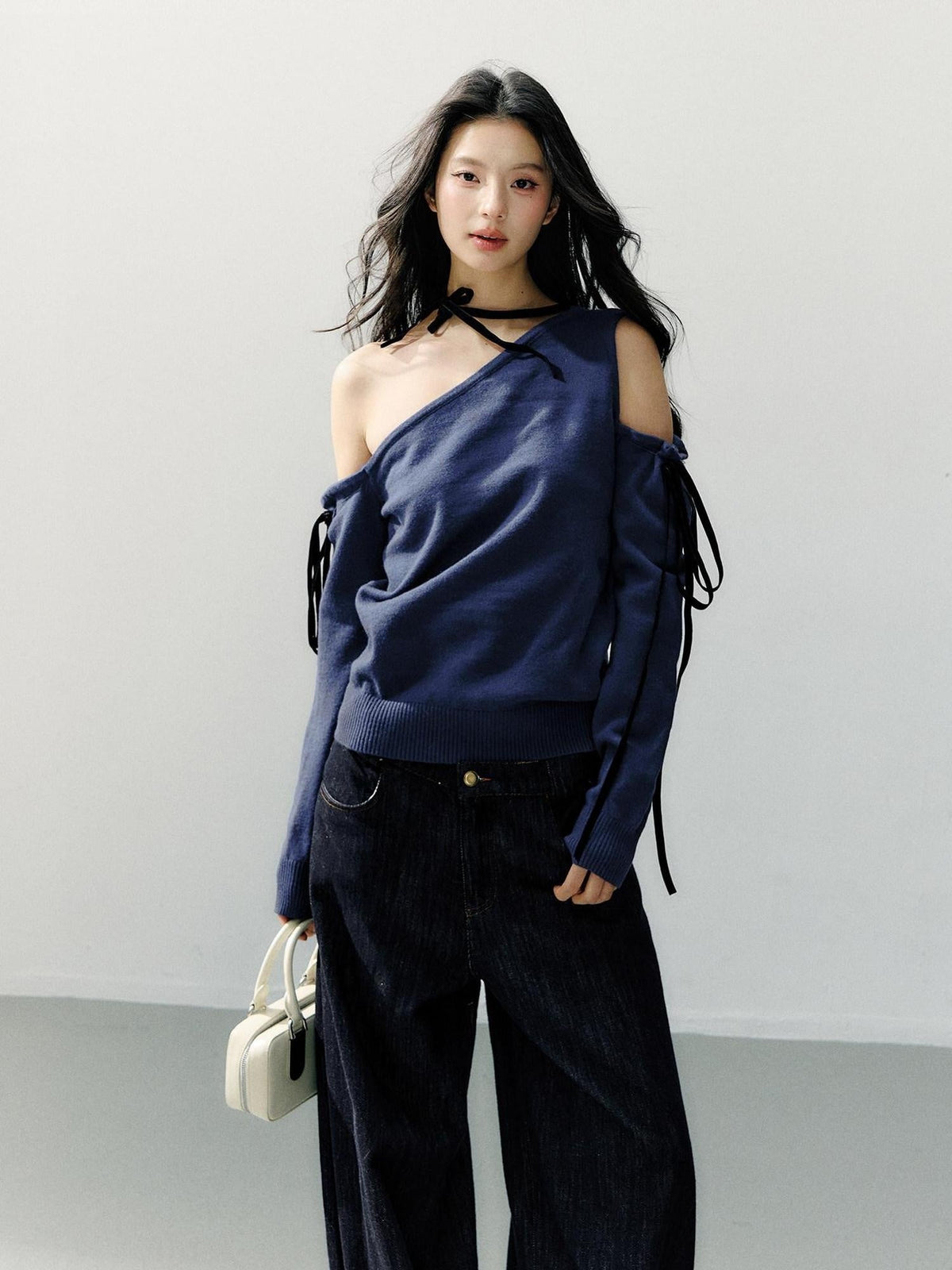 Cozy Casual Loose Backless Women Knit Pullover Blue Long Sleeve Sweaters