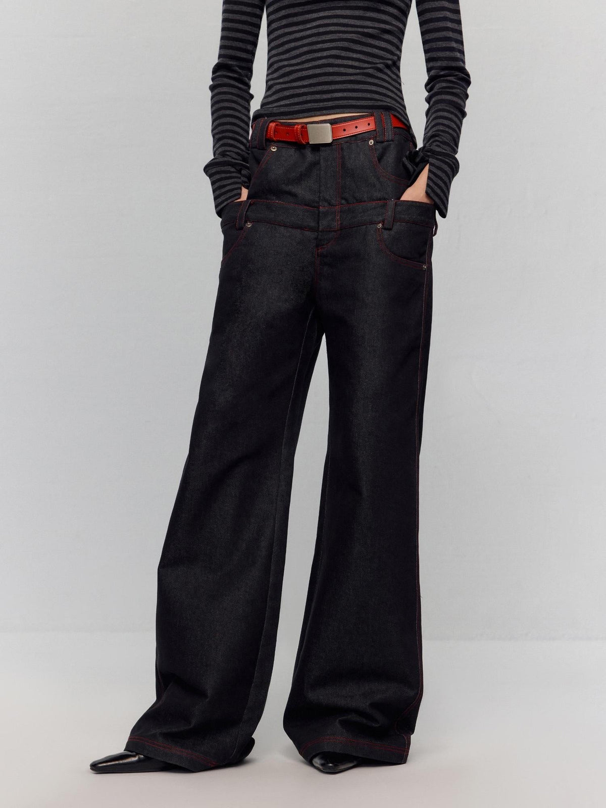 Low Rise Colorblock Loose Fit Zip Fly Black Denim Stretch Wide-Leg Jeans